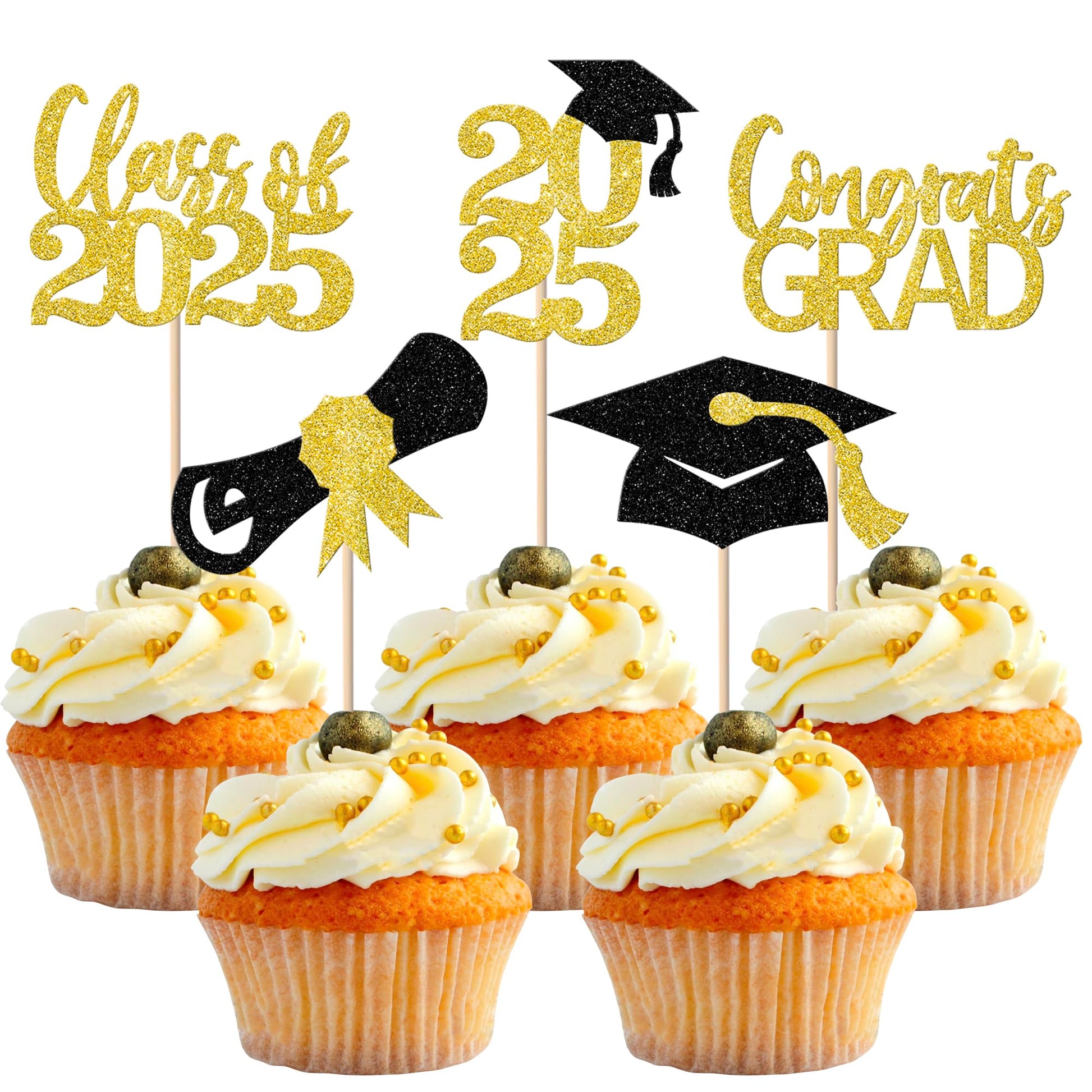 YCTHUNFISH 30 Pack Graduation Cupcake Toppers, Black Gold Glitter, Bamboo Picks for Class of 2025 Party Decorations