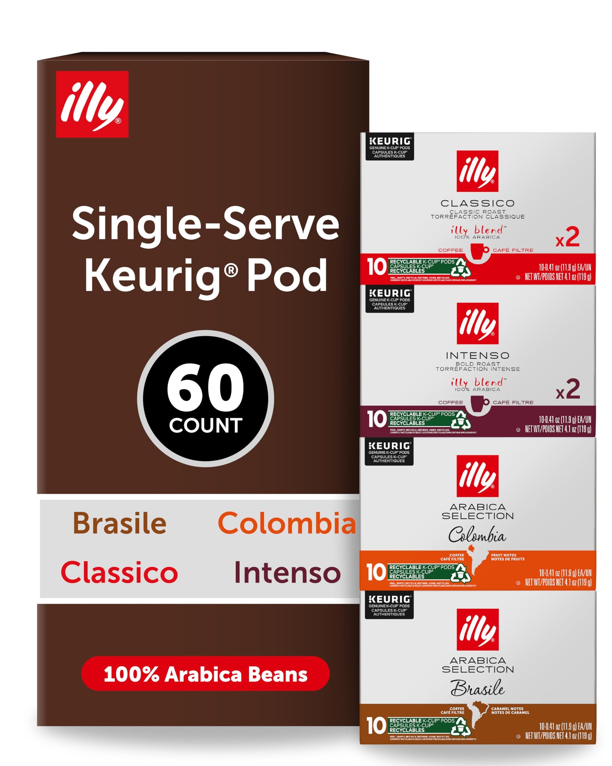 Illy Coffee K-Cups - Compatible Pods for Keurig Coffee Maker - Classico  Intenso  Brasile & Colombia Roasts - Variety - 10 Count (Pack of 6)