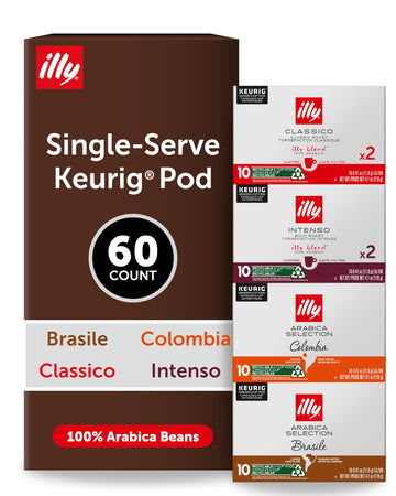 Illy Coffee K-Cups - Compatible Pods for Keurig Coffee Maker - Classico  Intenso  Brasile & Colombia Roasts - Variety - 10 Count (Pack of 6)