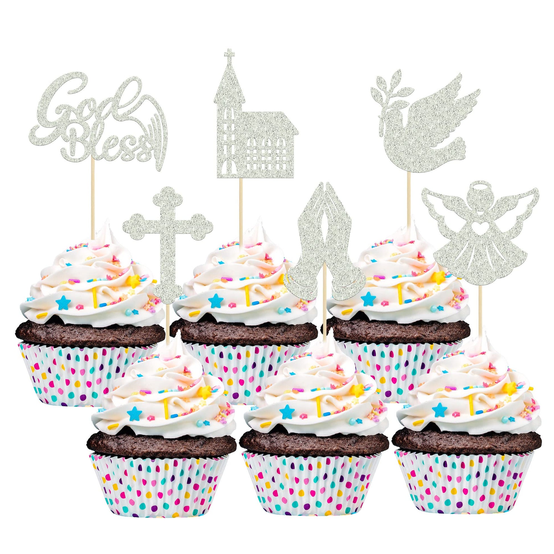 Gyufise Cupcake Toppers, God Bless Theme, Dove Cross Angel, 24 Pack, Silver, Model UKZN0258-SL, Paper Decorations for Parties