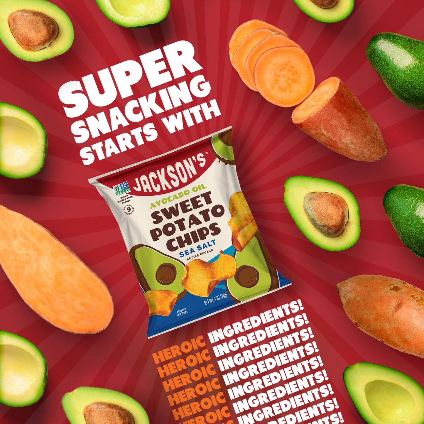 Jacksons Sweet Potato Kettle Chips with Sea Salt made with enhanced Avocado Oil (1 oz  Pack of 15) - Allergen-friendly  Gluten Free  Peanut Free  Vegan  Paleo Friendly - Shark Tank Product