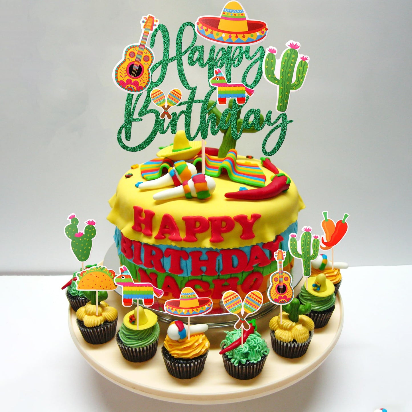 25 Pcs Mexican Fiesta Cupcake Toppers Mexican Fiesta Happy Birthday Cake Topper Cactus Donkey Maraca Sombrero Guitar Cupcake Pic