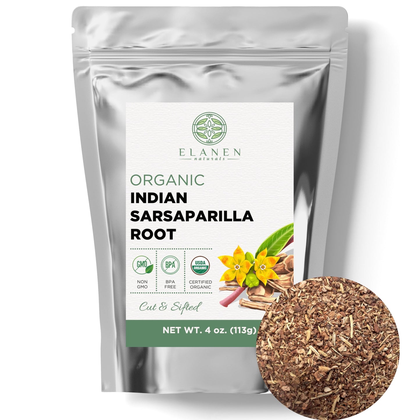 Elanen Naturals Organic Sarsaparilla Root Tea, Cut & Sifted, USDA Certified Organic, 4 oz. (113g)