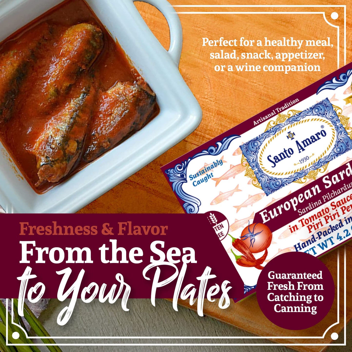 Santo Amaro Sardines in Tomato Sauce & Red Piri Piri, Hand-Packed Canned, 4.2 oz (Pack of 6), Low Mercury, 23g Protein
