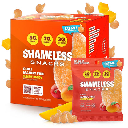 Shameless Snacks - Healthy Low Calorie Snacks, Low Carb Keto Gummies (Gluten Free Candy) - 6 Pack Chili Mango Fire