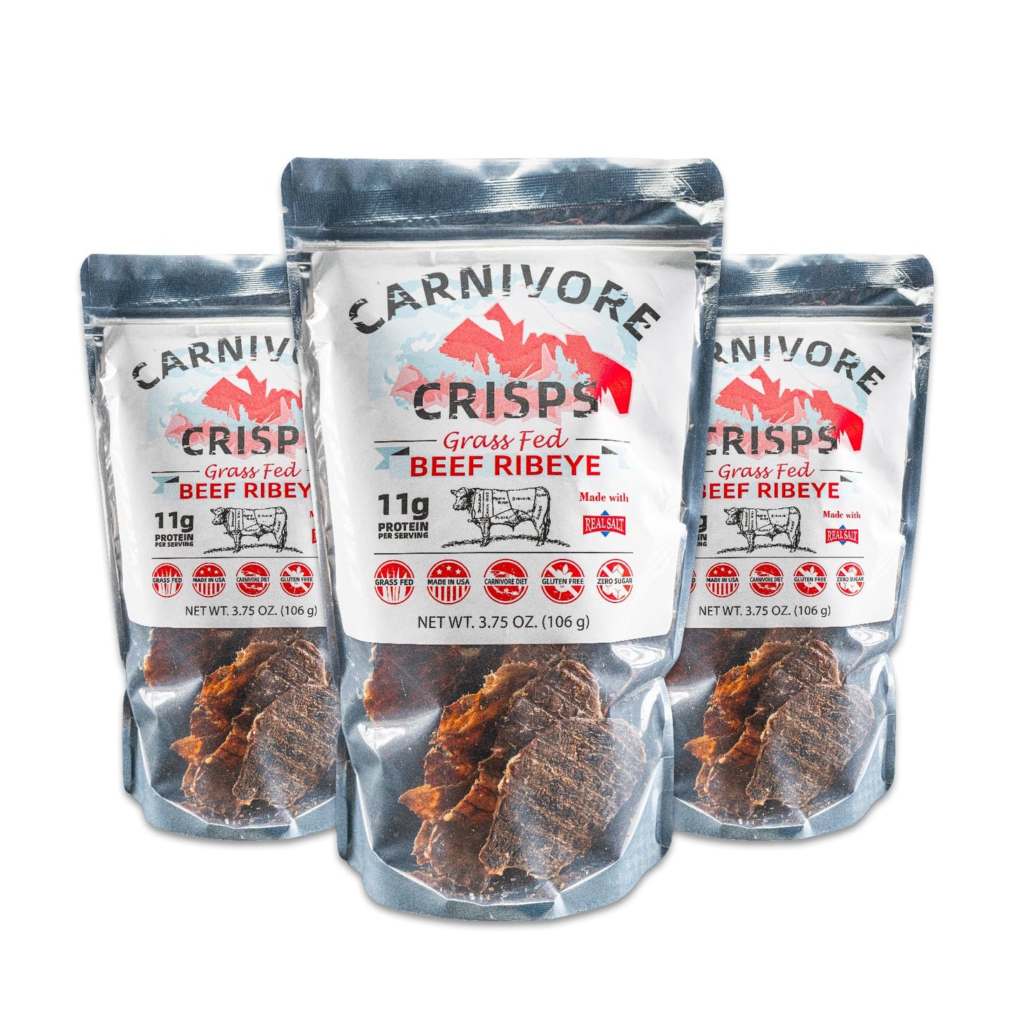 Carnivore Crisps Beef Ribeye Crisps, High Protein, Gluten-Free, 3.75 oz (Pack of 3)