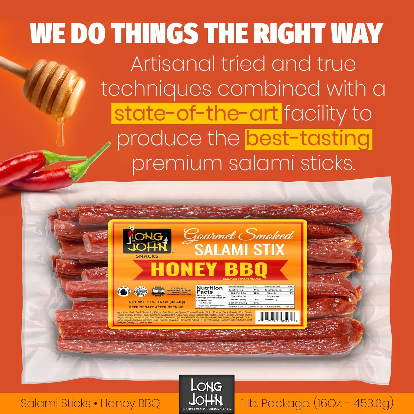 Long John Snacks Dried Salami Sticks - High Protein, Low Carb, Gluten-Free, Honey BBQ - 16 Oz Bulk Pack