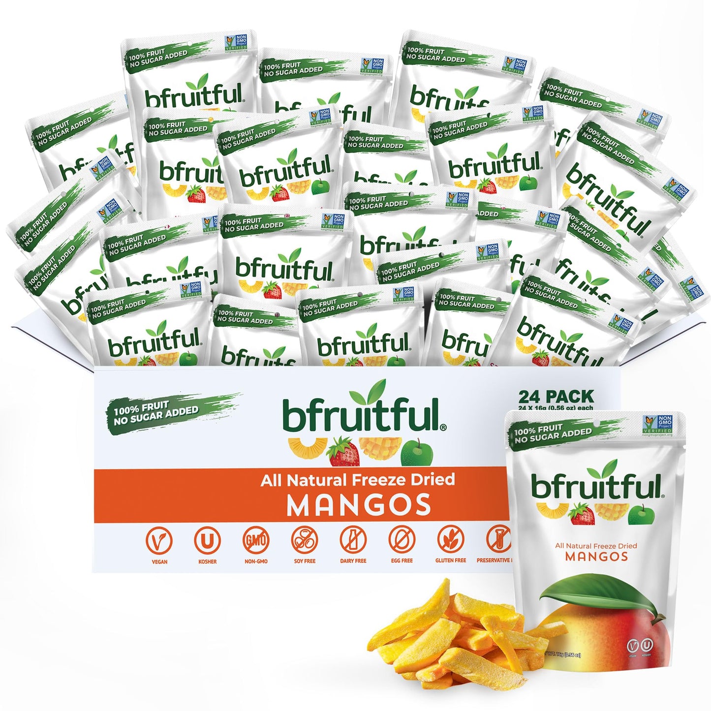 Bfruitful Freeze-Dried Mango  Freeze Dried Fresh Fruit Bites  Gluten Free  Vegan  Dairy Free  Kosher  No Sugar Added  Non Gmo  Healthy Snacks For Kids Or 18+ Uses  Single-Serve Snack Packets  24 Pack