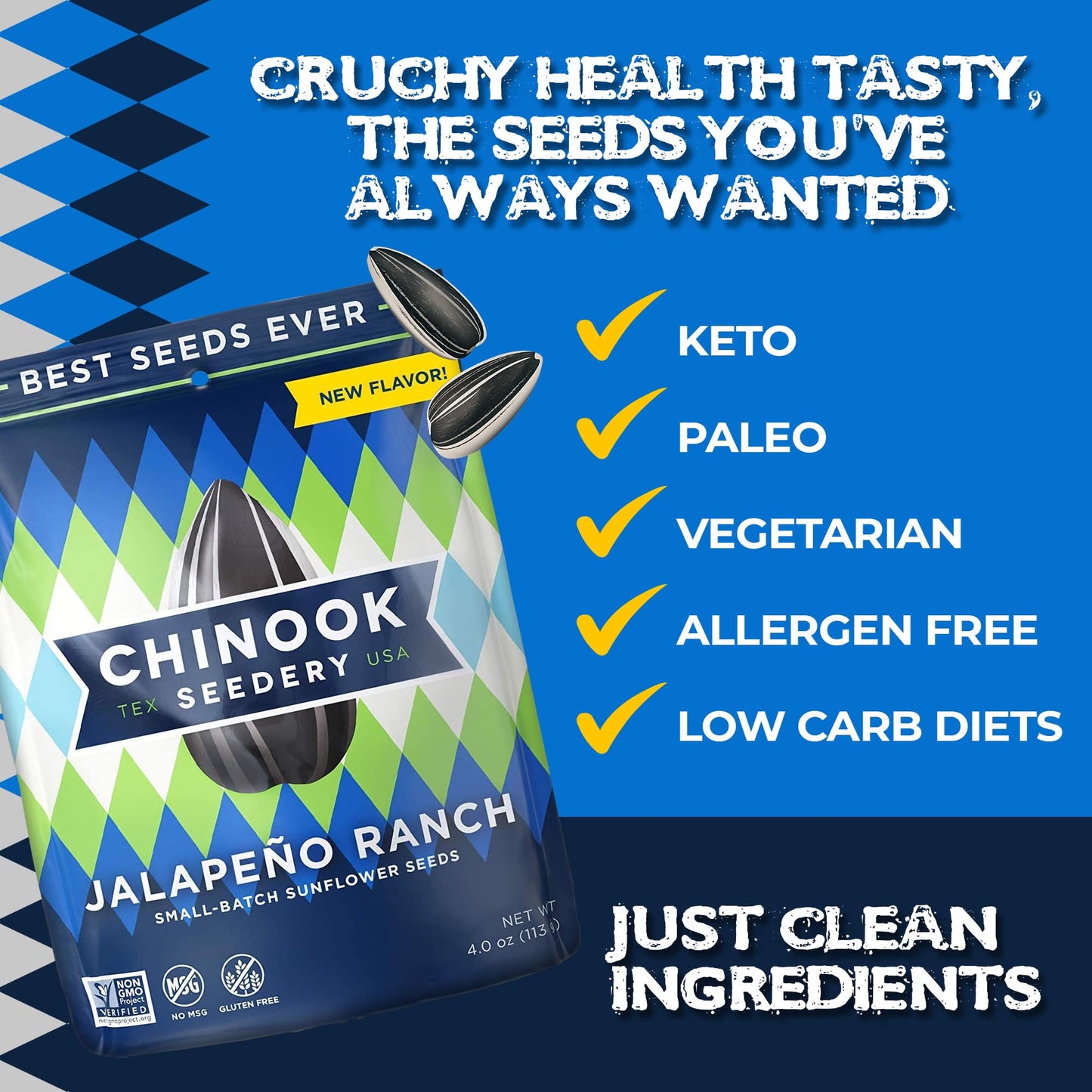 Chinook Seedery Roasted Jumbo Sunflower Seeds - Keto Snacks, Gluten-Free, Non-Gmo, Jalapeno Ranch 4 Oz (12-Pack)