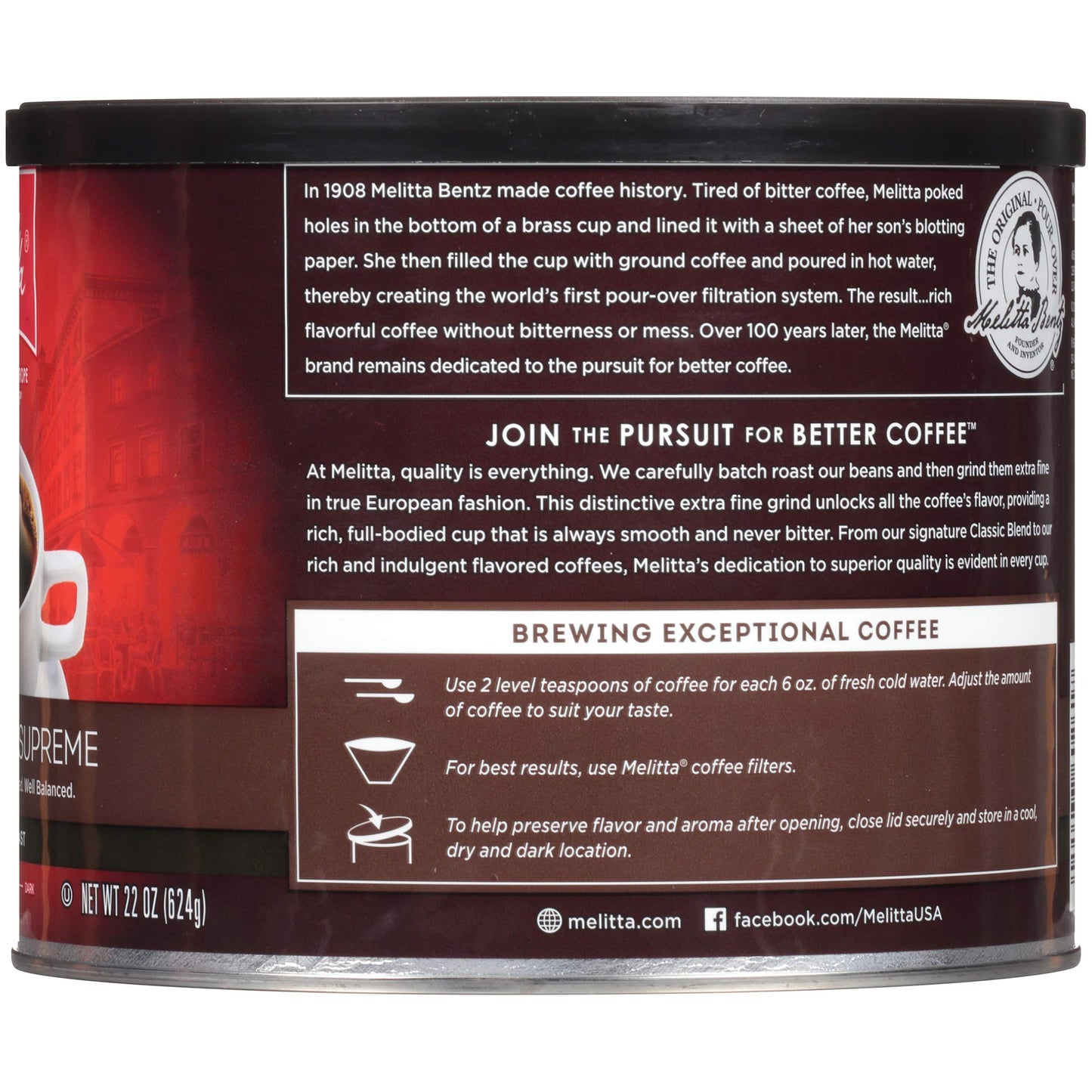 Melitta Colombian Supreme Coffee Medium Roast Extra Fine Grind 22 Ounce Can Brown