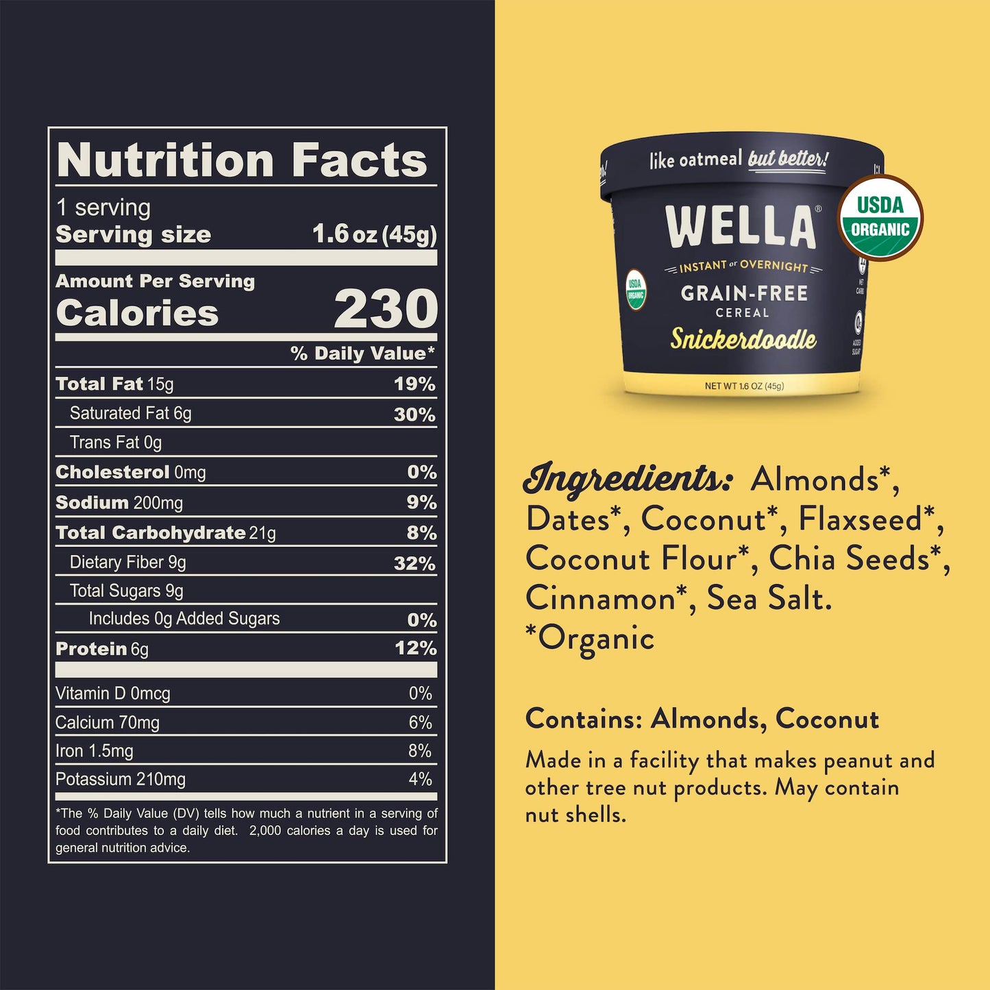 Wella Hot Cereal Oatmeal Alternative, Gluten-Free Breakfast, Grain-Free Paleo Organic Vegan, Protein, Fiber, Snickerdoodle (8 Co