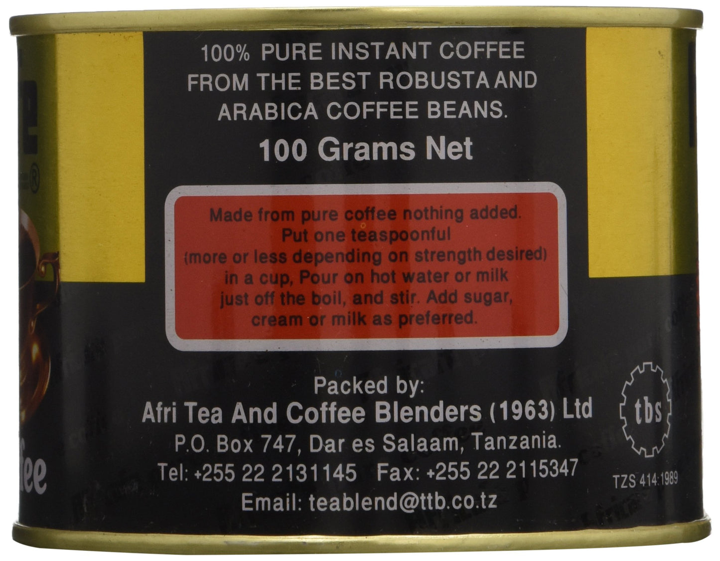 Africafe Pure Instant Coffee - Coffee Beans, 100g (3.5 Ounce, Pack of 1), Made in Tanzania