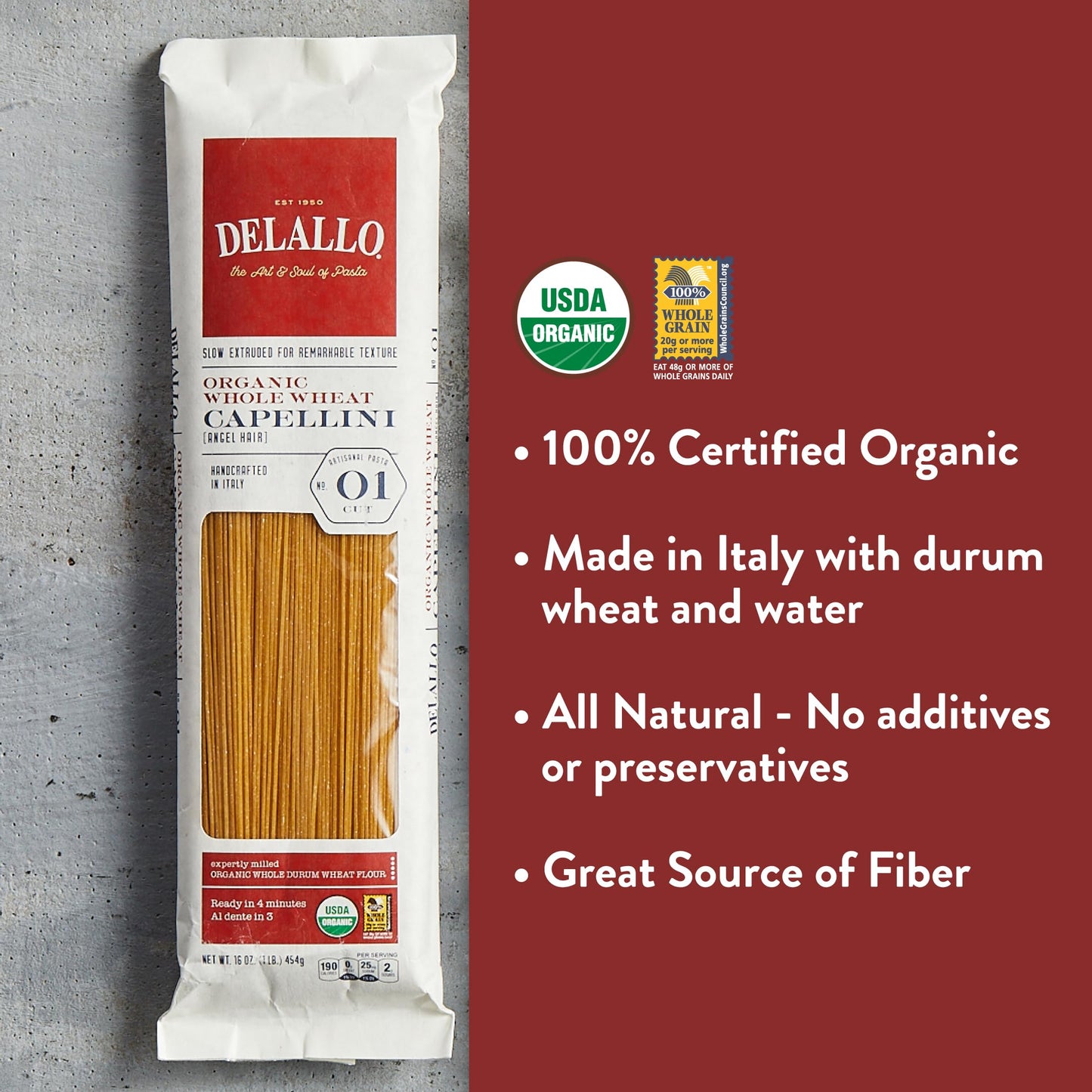 DeLallo Whole Wheat Capeillini Pasta, 1 Pound Bag, 8 Pack, Authentic Angel Hair Noodles, 100% Durum Wheat, Made in Italy