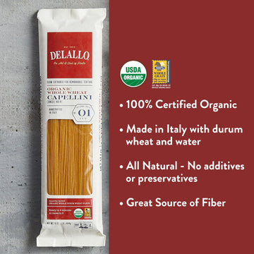 DeLallo Whole Wheat Capeillini Pasta, 1 Pound Bag, 8 Pack, Authentic Angel Hair Noodles, 100% Durum Wheat, Made in Italy
