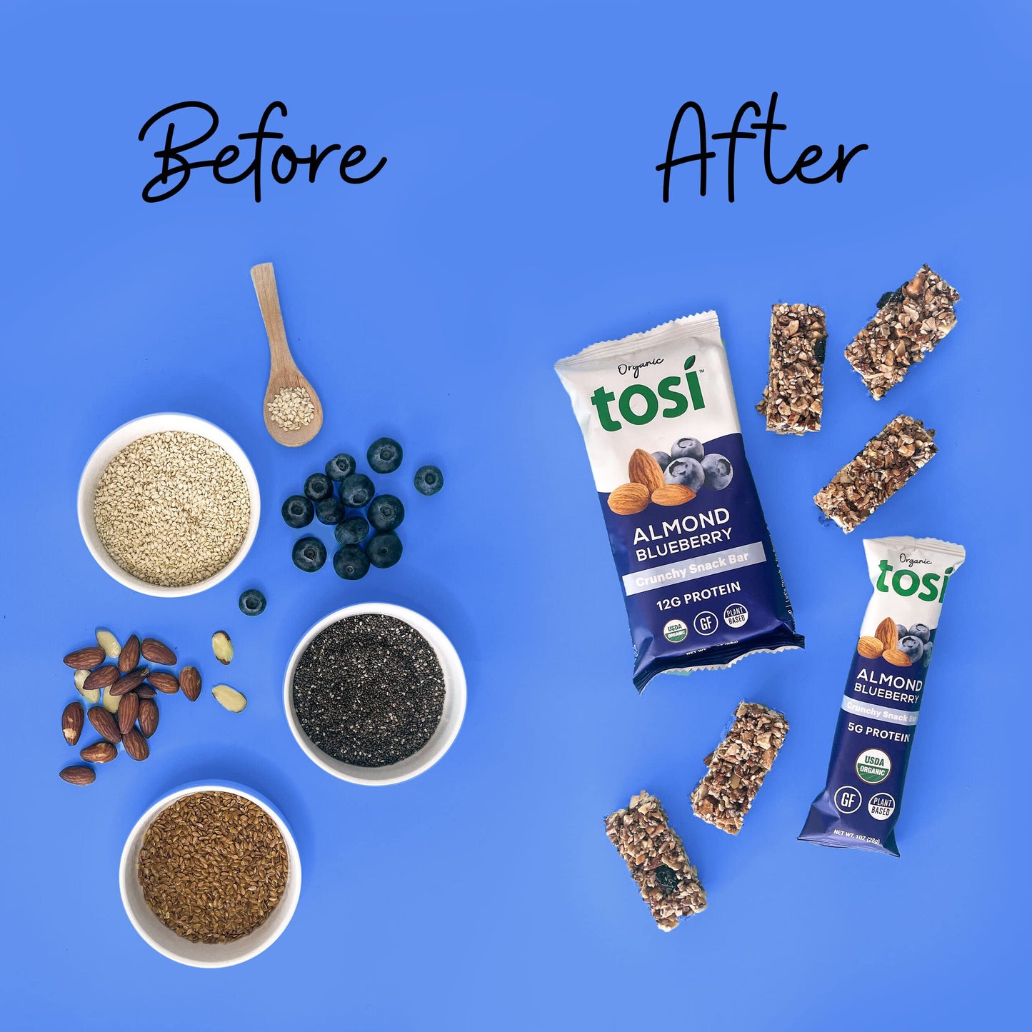 Tosi Almond Blueberry Protein Bars, Plant Based with Nuts, Gluten-Free Crunchy Snacks, Vegan, Organic, Flax & Chia Seeds, Soy-Fr