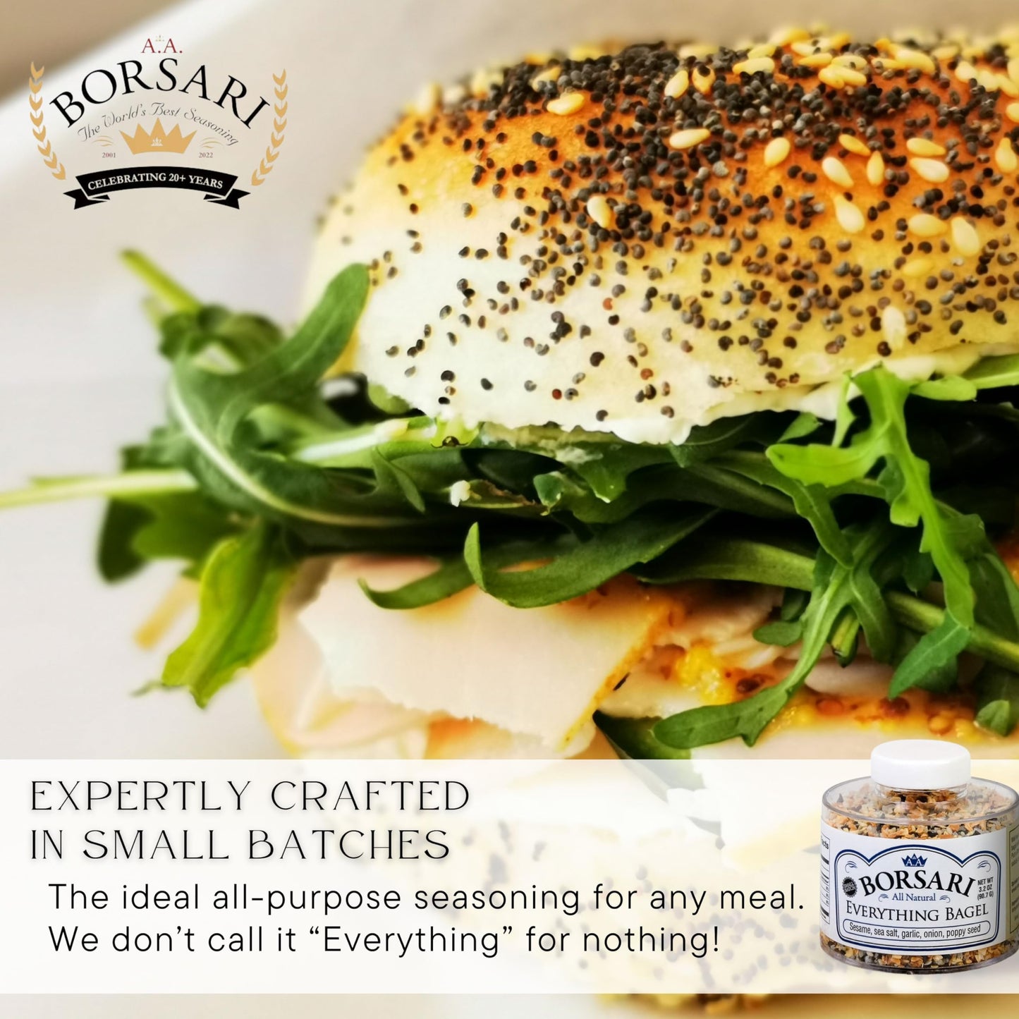 BORSARI Everything Bagel Seasoning - Gluten Free, Keto Friendly - 3.2 oz