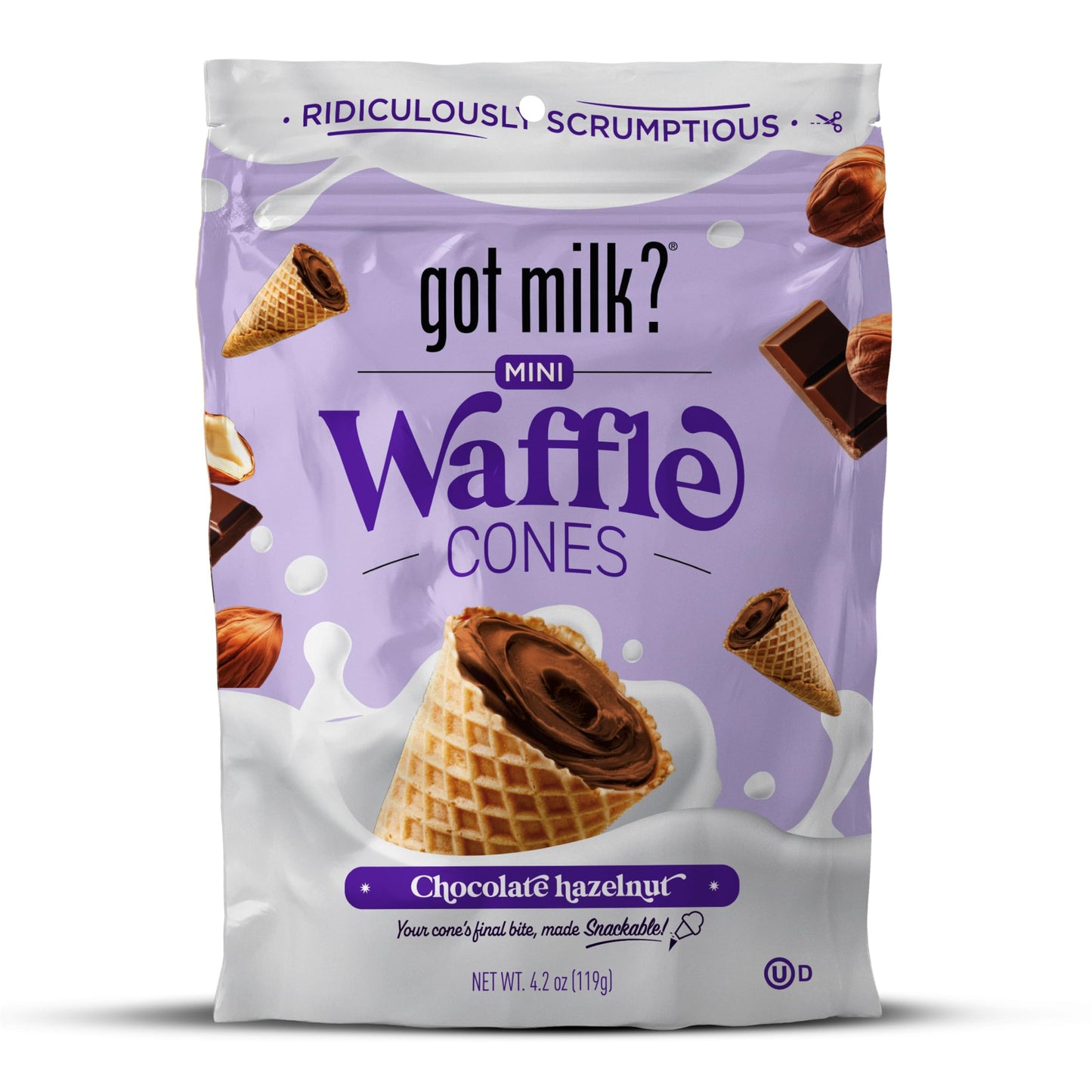 got milk? Mini Waffle Cones, Chocolate Hazelnut, 4.24 Oz. / 119g Resealable Bag, Delicious Chocolate Hazelnut Filled Waffle Bite