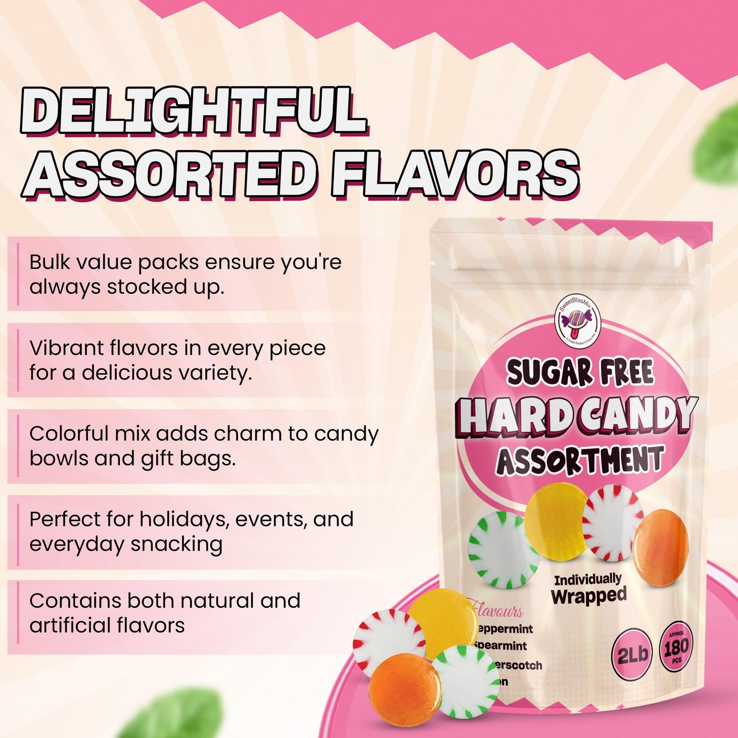 SweetBlissMix Sugar Free Hard Candy Assortment - Lemon, Butterscotch, Spearmint, Peppermint - 2Lbs, Keto Friendly, Individually Wrapped