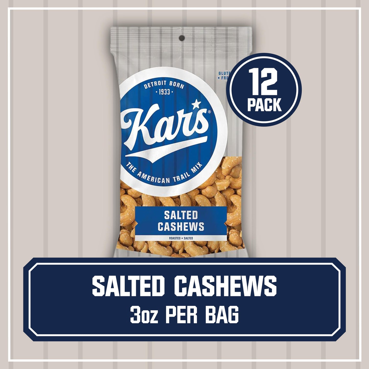 Kars Nuts Salted Cashews, 3 oz Individual Snack Packs - Bulk Pack of 12, Gluten-Free Snack Mix