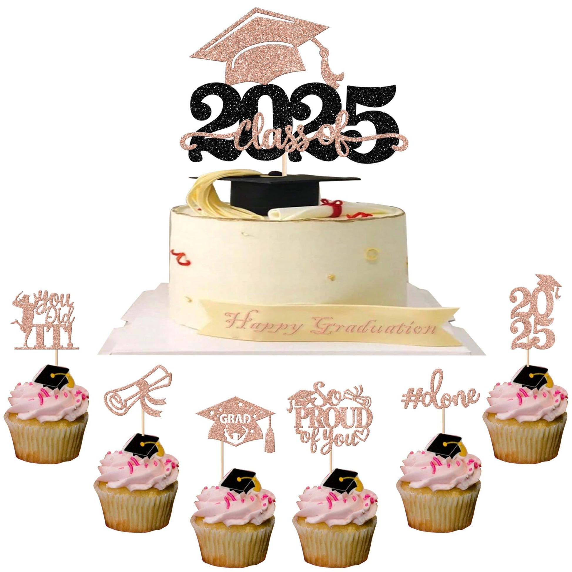 YCTHUNFISH Graduation Cupcake Toppers, 25 Pack, Rose Gold, Paper, 2025 Theme Decorations, Grad Cap and Diploma Design