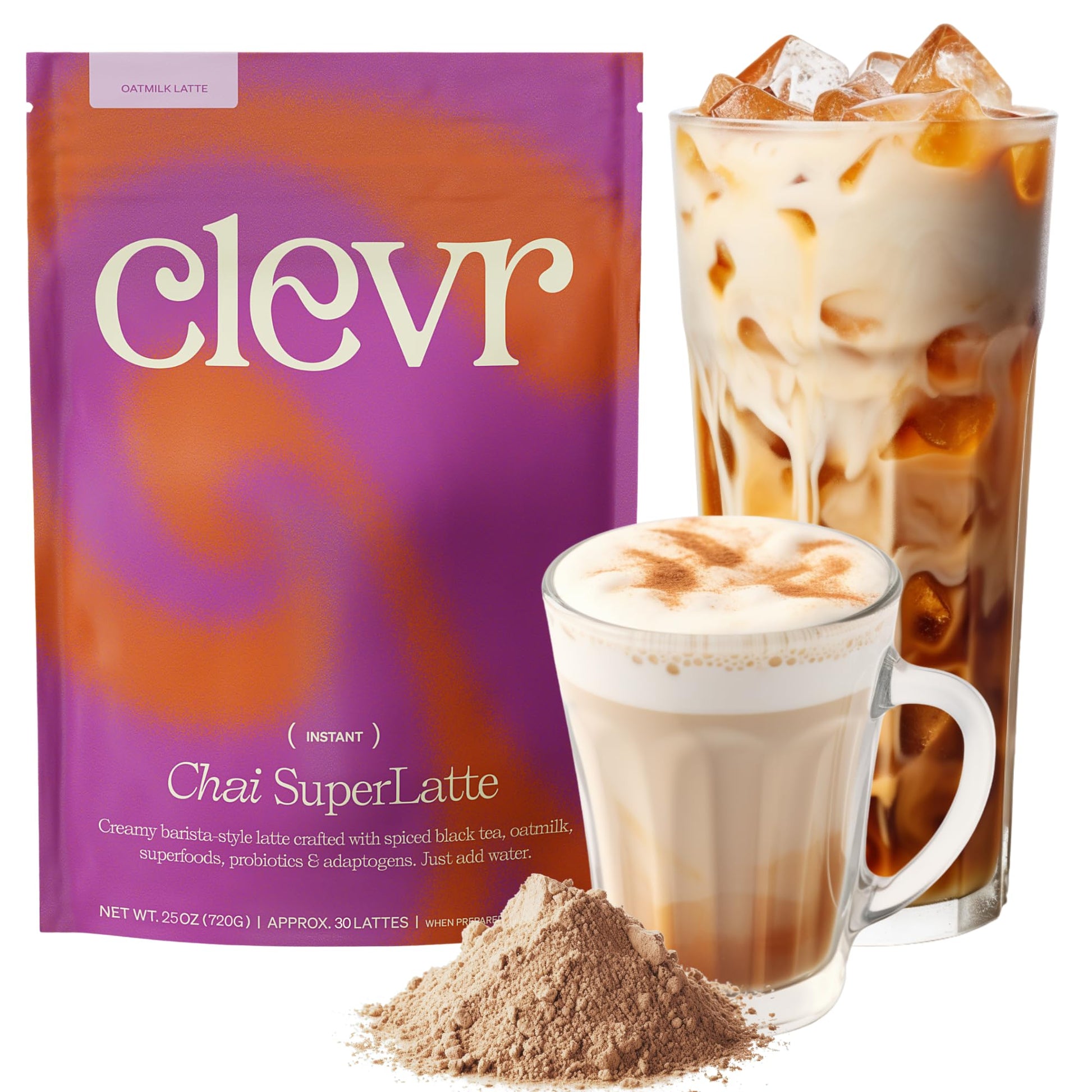 Clevr Chai Tea Latte  Instant Superfood Powder Blend With Oat Milk  Lions Mane  Reishi Mushroom  Black Tea  Organic Spices  Coconut Cream  Ashwagandha  Oprahs Favorite Things 2022  (30 Lattes)