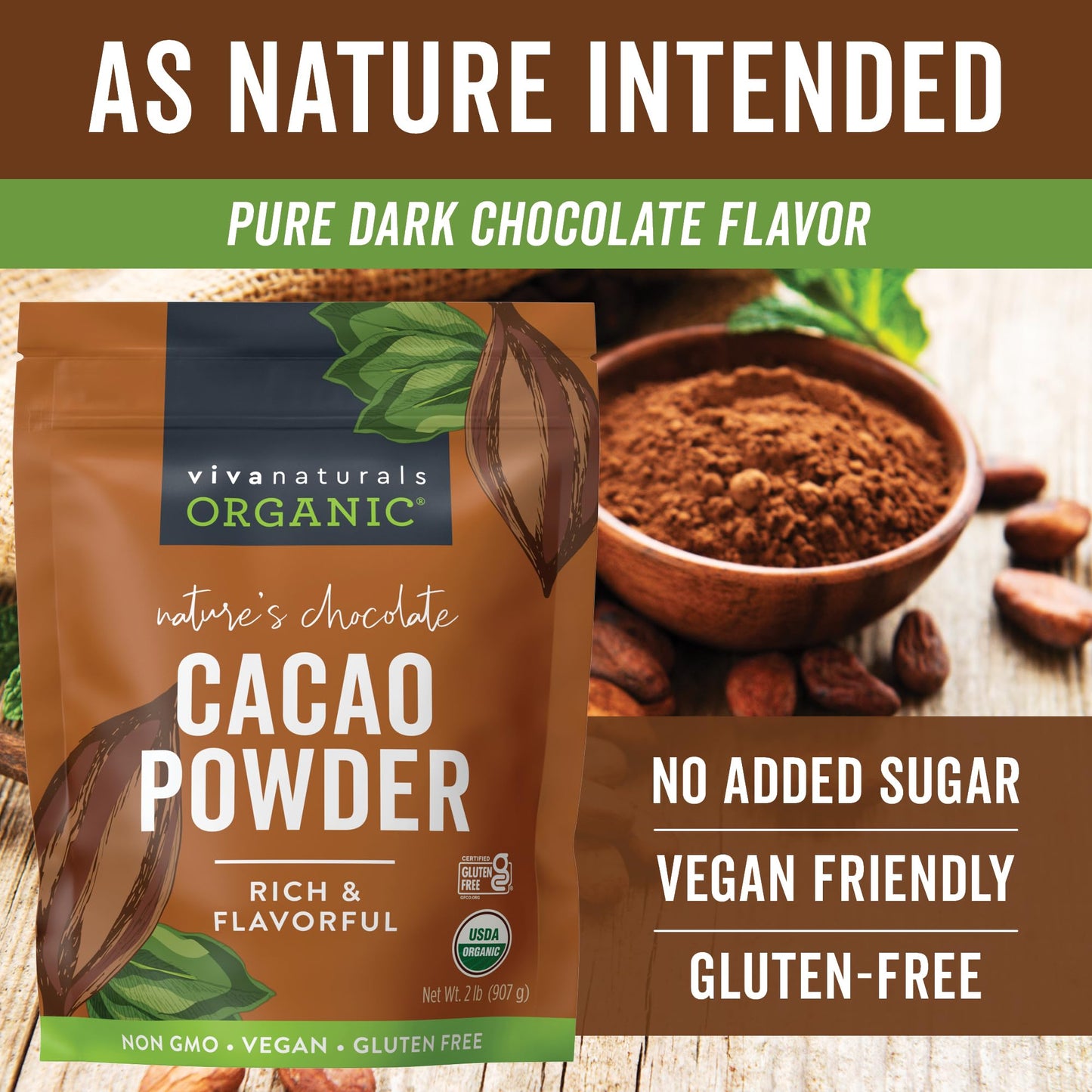Viva Naturals Organic Cacao Powder, Unsweetened, 2 lb, Vegan, Keto, Gluten-Free