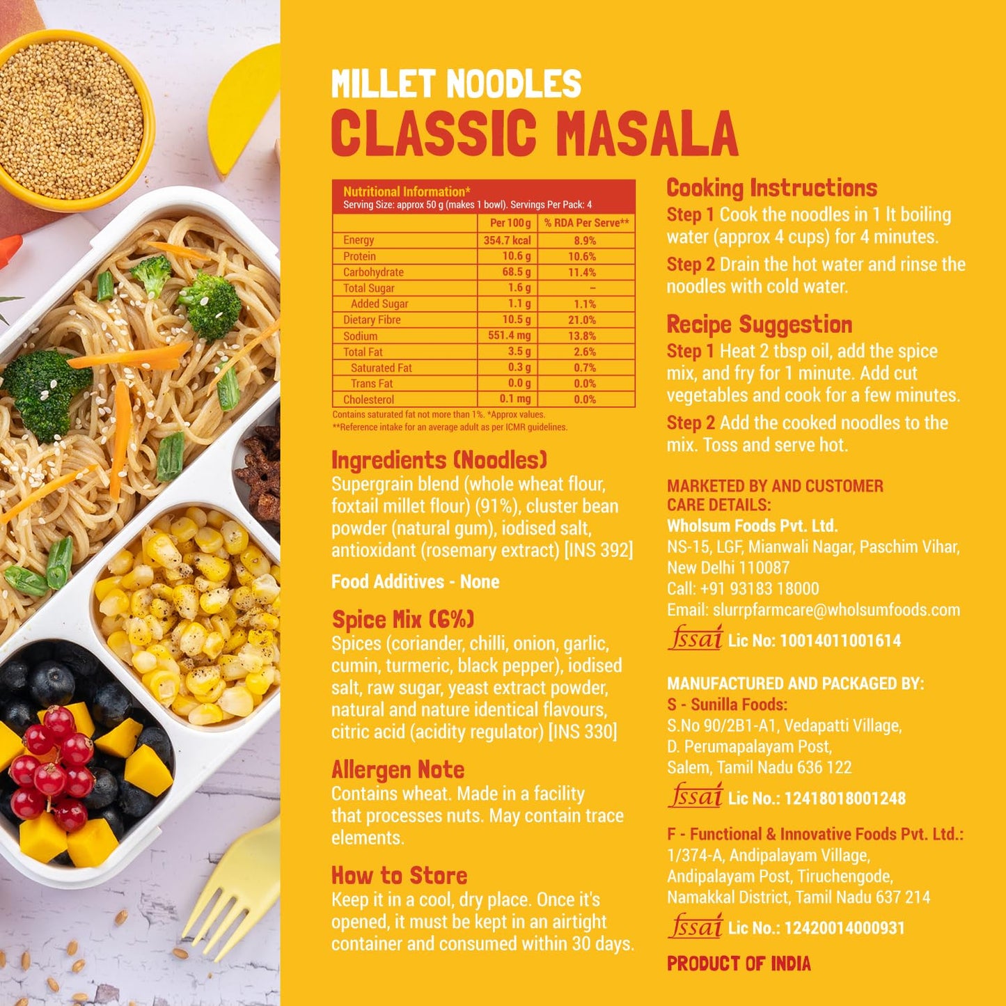 Slurrp Farm No Maida Hakka Noodles Combo, Not Fried, No Msg, Classic, Mild And Curry Masala Millet Noodles, Pack Of 3 X 192 G
