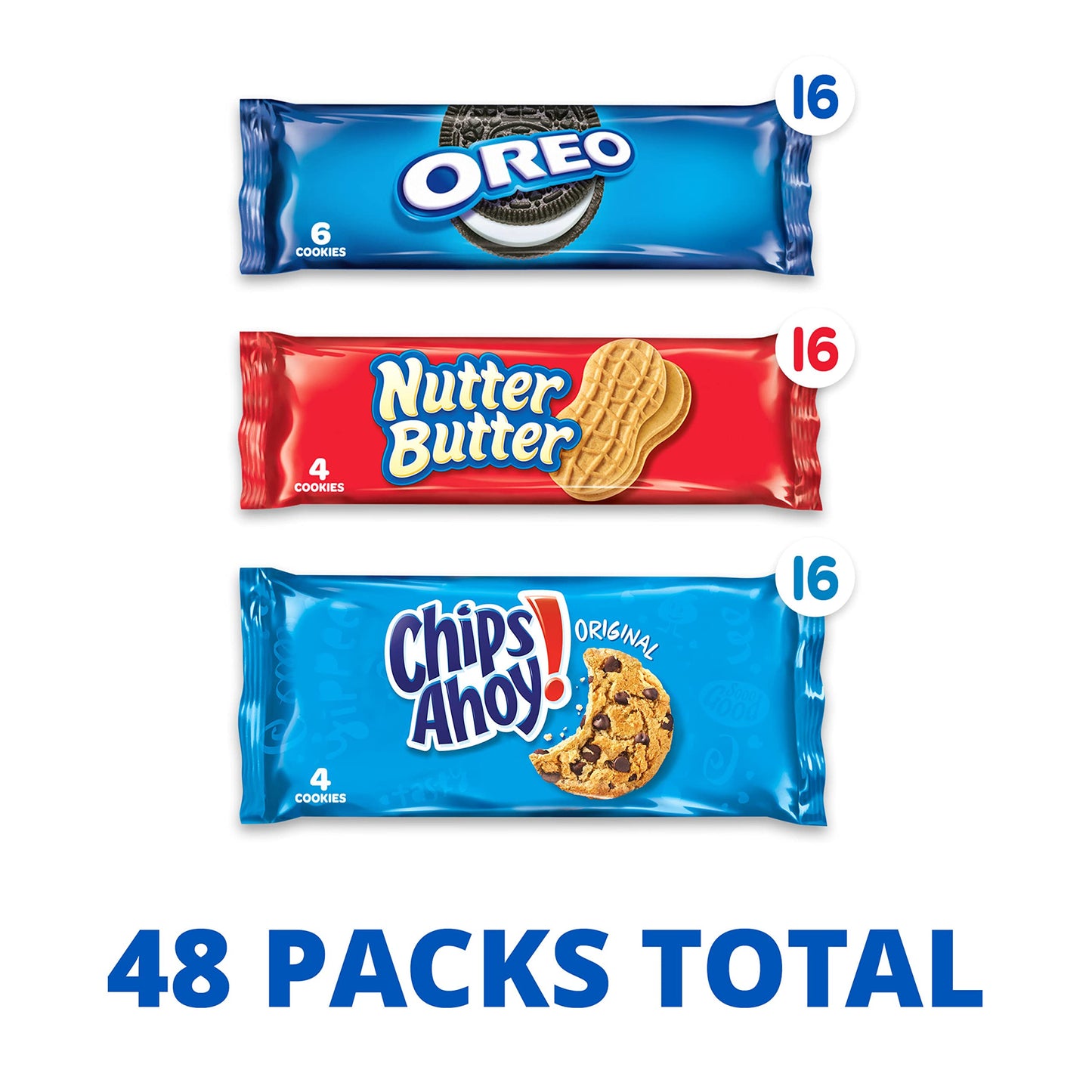 Nabisco Cookies Variety Pack, OREO, Nutter Butter, CHIPS AHOY!, 48 Snack Packs (4 Cookies Per Pack, 4 Boxes)