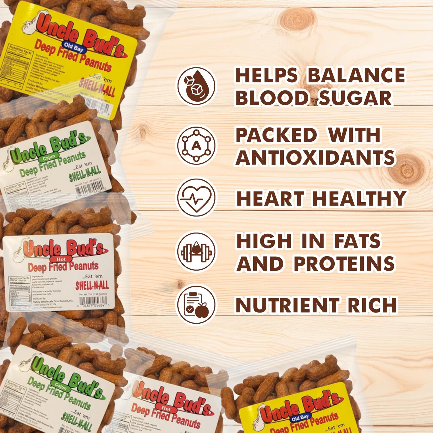 Jerky-n-Spice Uncle Buds Deep Fried Peanuts - Spicy Variety Pack, 6 Individual Packs, Ideal for Parties, 7x7x7