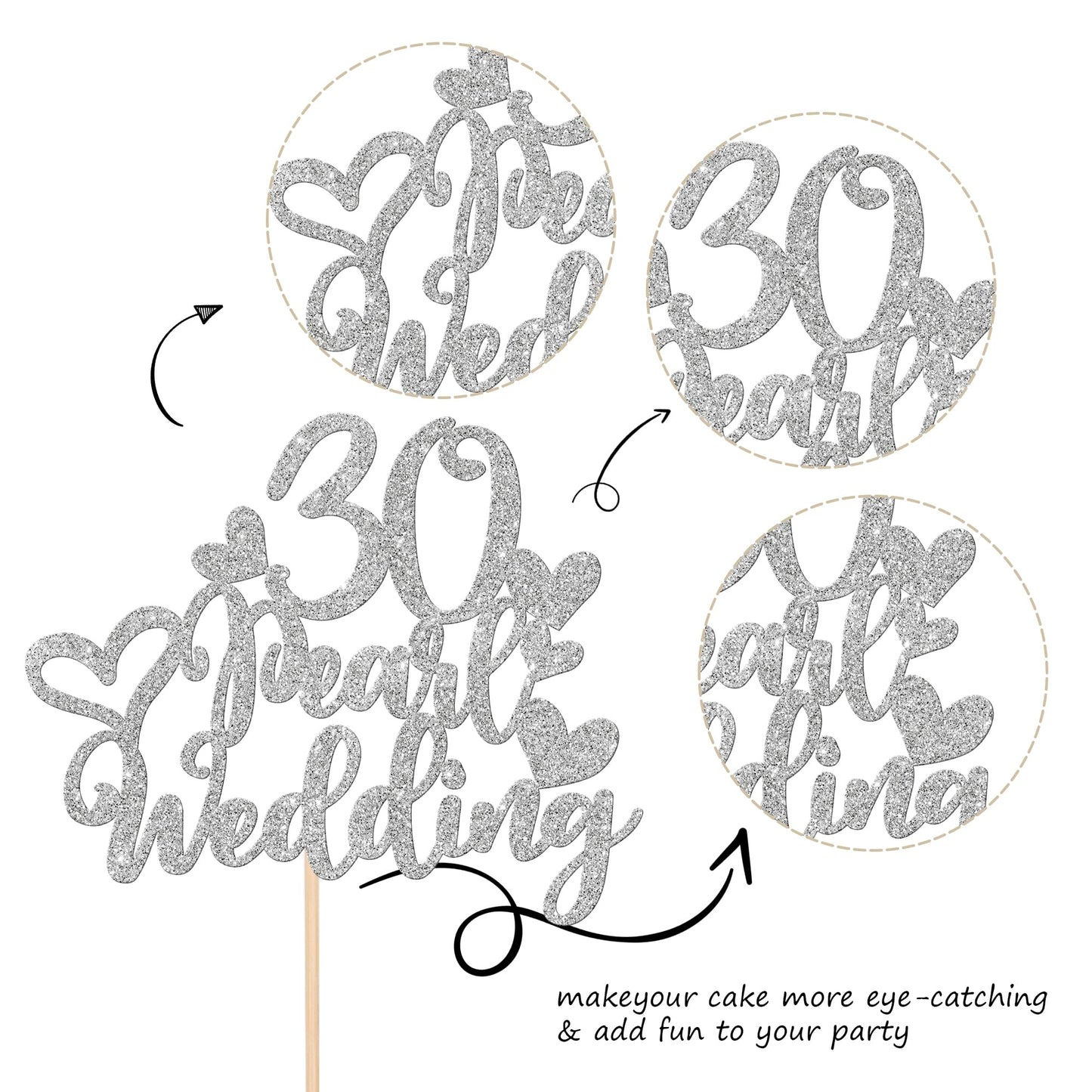 1 Pcs 30Th Wedding Cake Topper With Heart Silver Glitter 30 Pearl Wedding Cake Pick Decoration For Cheers To 30 Years Happy 30Th