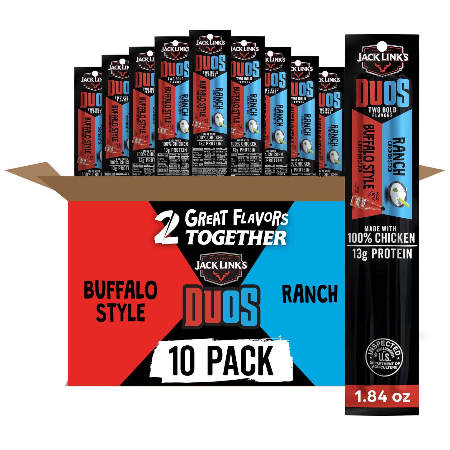 Jack Link s DUOs Chicken Jerky Meat Snack Sticks with 13g Protein - Frank s RedHot Buffalo Style With Creamy Ranch  Made with 100% Chicken  Two Flavors in One Package  1.84oz (10 Pack of 2 Sticks)