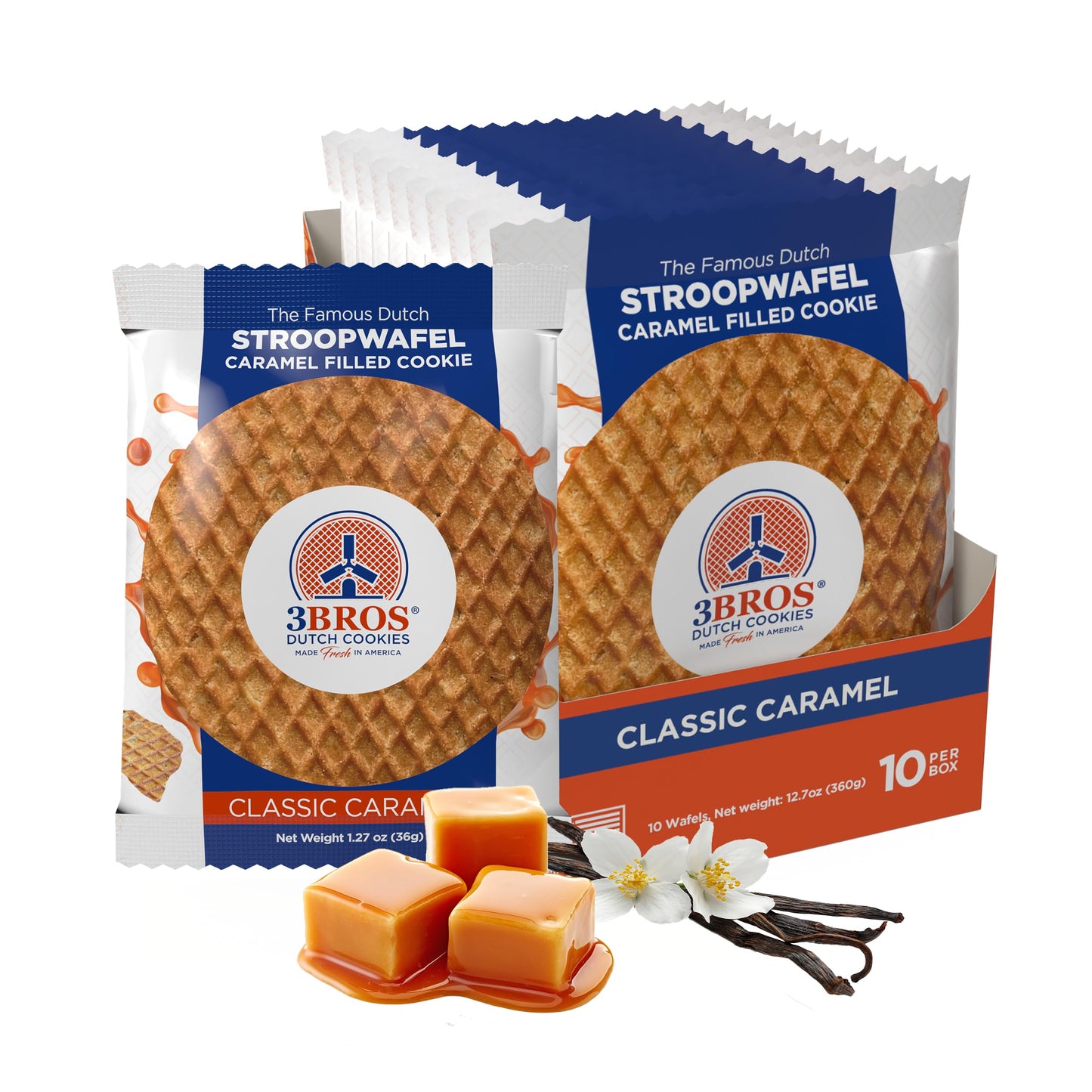 3Bros Stroopwafels  Dutch Caramel-Filled Waffle Cookies  Individually Wrapped  10 Count  Soft Toasted Outside With Buttery Caramel Filling  Made in USA in Our Family Bakery