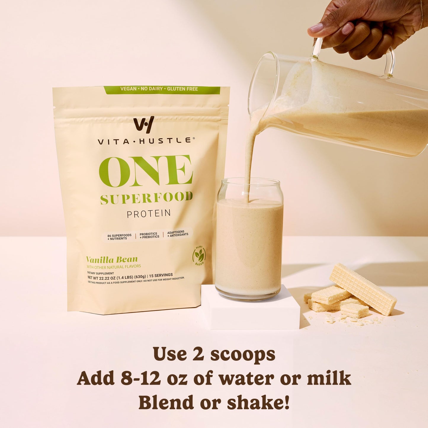 VitaHustle ONE Meal Replacement Shake - Vegan Protein Powder with Superfoods, 24 Ounce, Vanilla Flavor