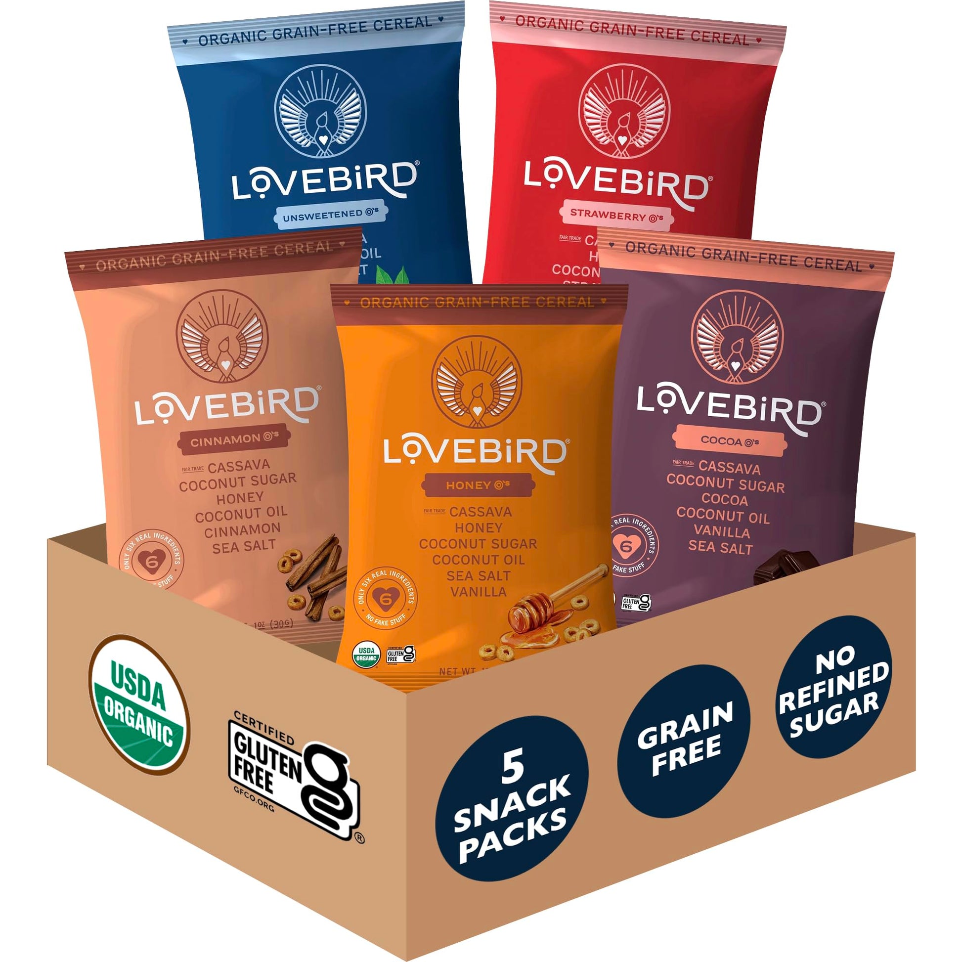 Lovebird Organic Cereal - Gluten Free, No Refined Sugar, Paleo & Keto Friendly, 0.48 oz (Pack of 5)