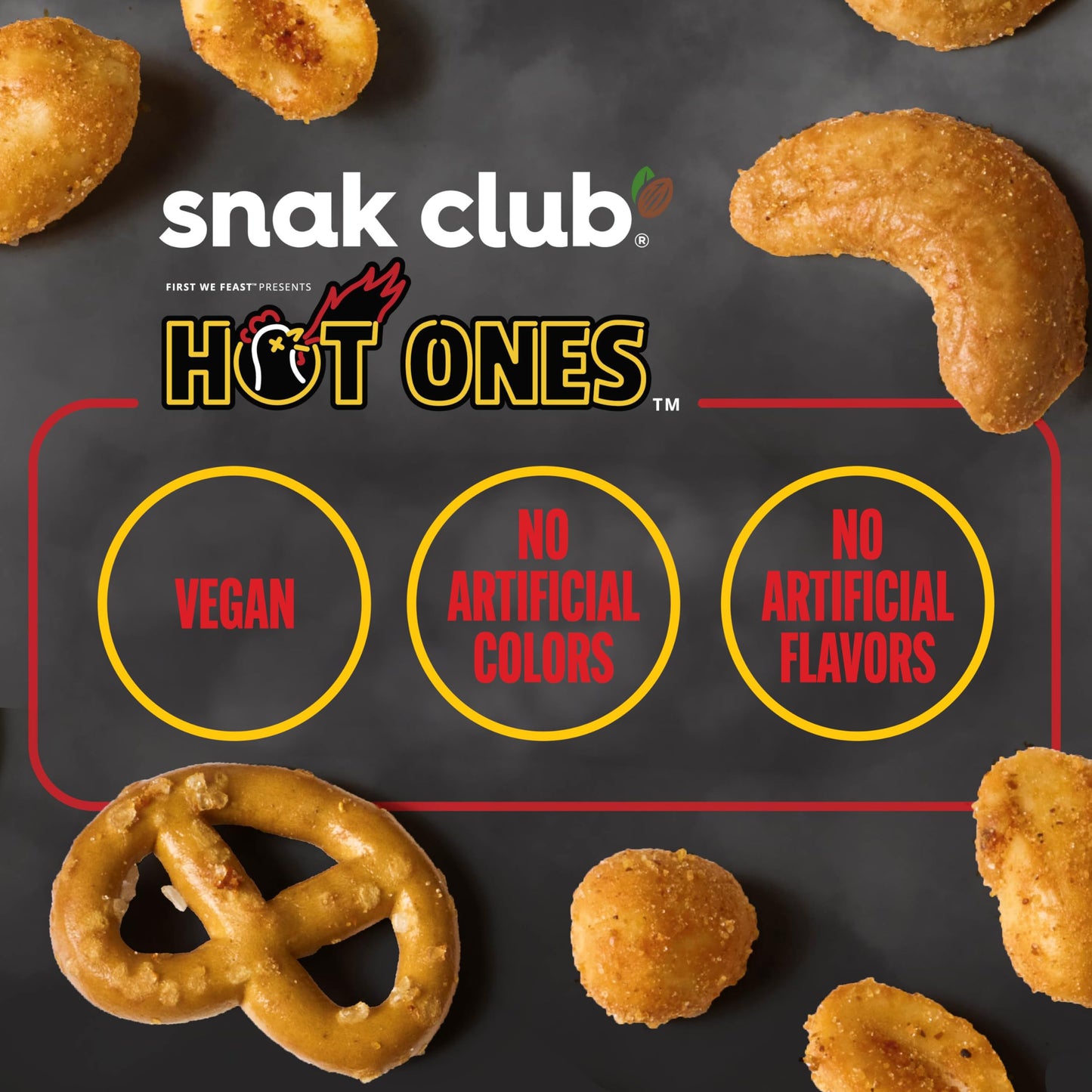 Snak Club x Hot Ones Snack Mix, Hot Habanero, Sweet Smoky, and Tangy Chili, Spicy Snacks with Peanuts, Pretzels, Sesame Sticks,