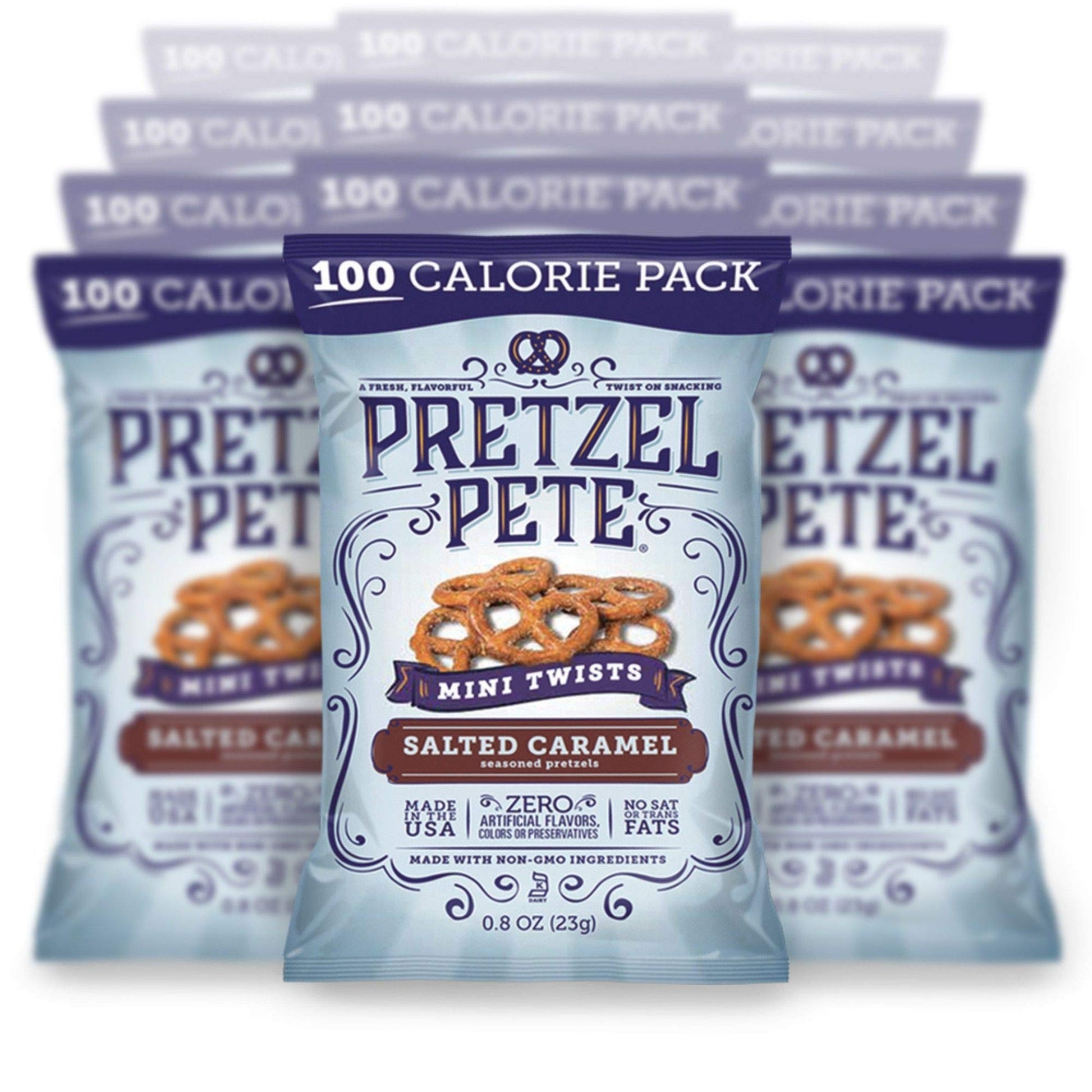Pretzel Pete Salted Caramel Seasoned Mini Twist Pretzels, 100 Calories, Non-GMO, Small Batch, Bold Flavor, 0.8oz (24 Pack)