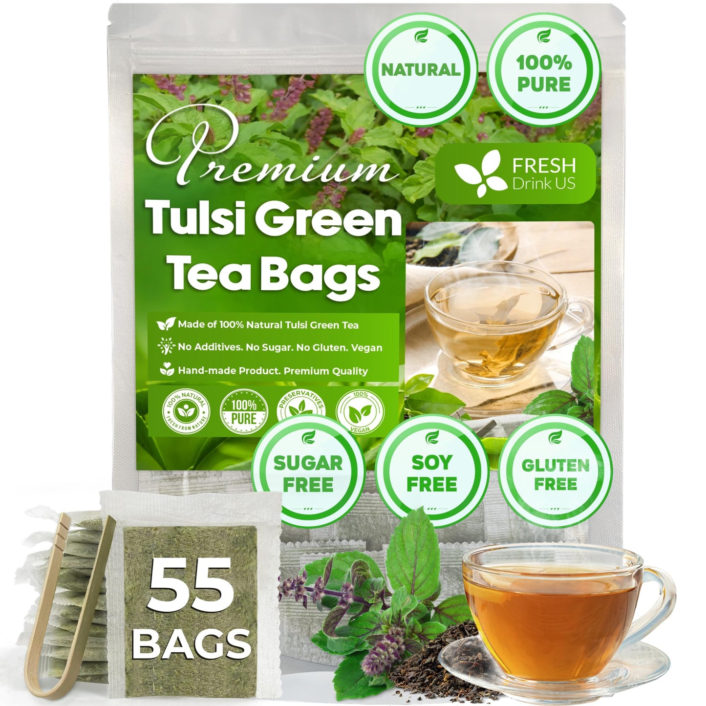 FRESHDRINKUS Premium Tulsi Green Tea Bags, 100% Natural, 55 Bags, Vegan