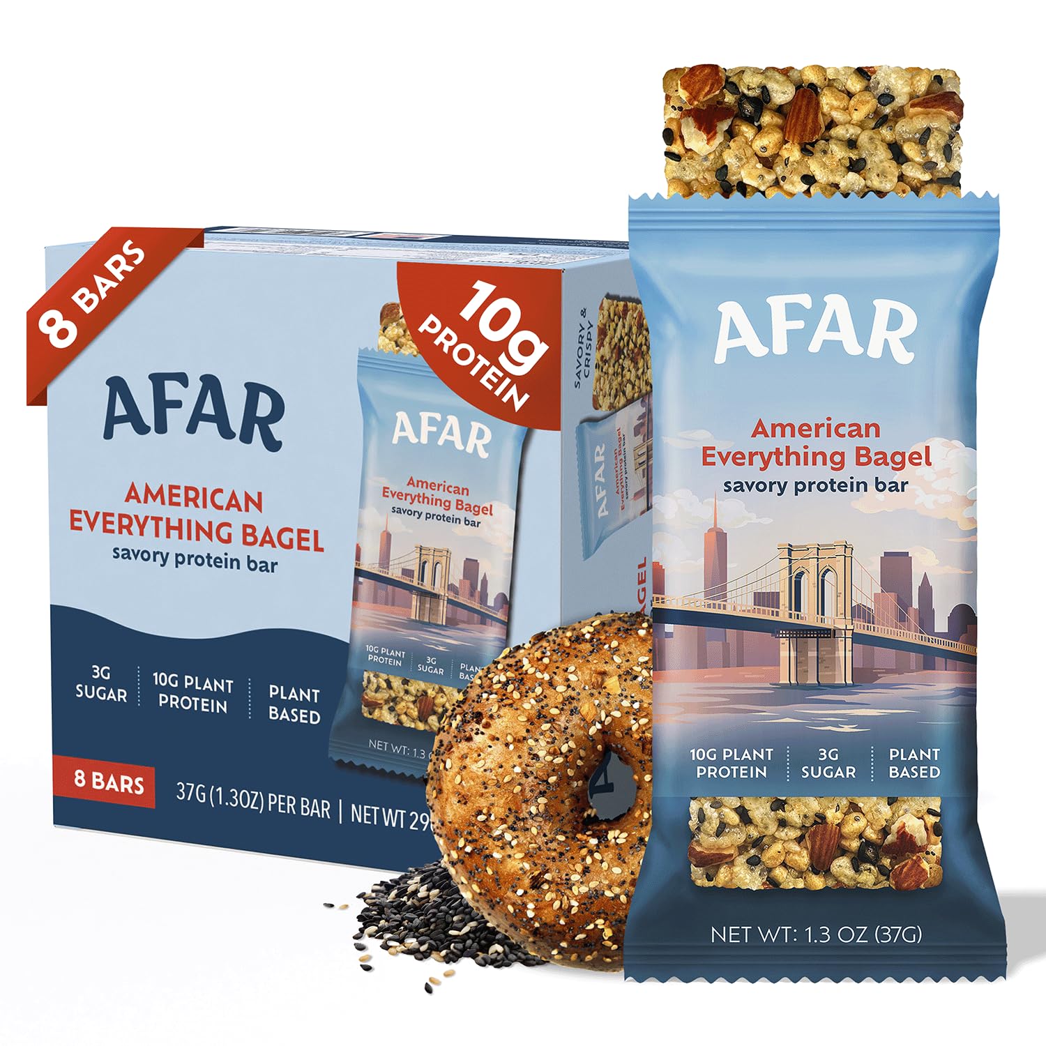 Afar Savory Protein Bars – Low Sugar, High Protein, Vegan, Gluten Free – 8 Count, American Everything Bagel Flavor, Brown