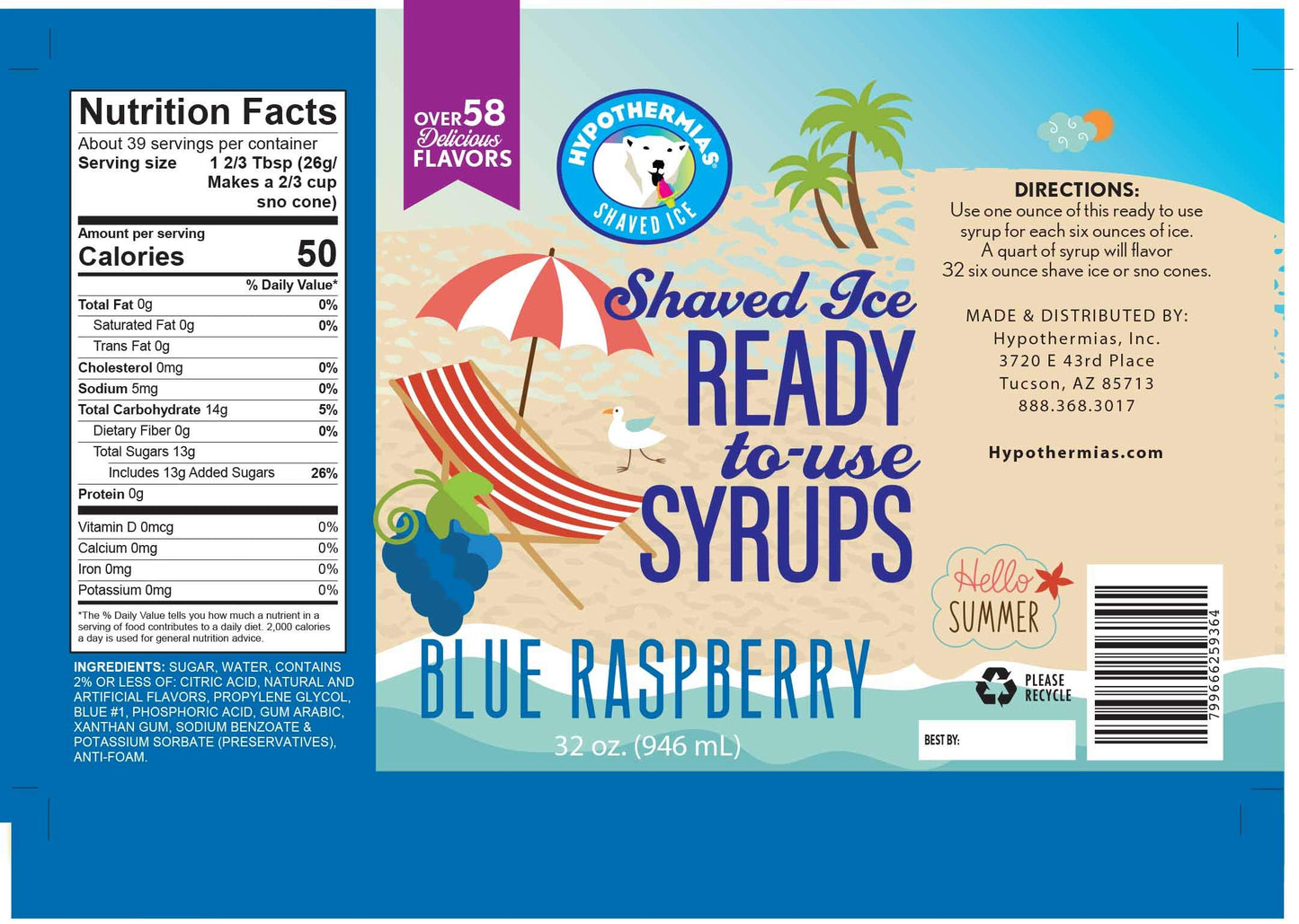 Hypothermias Shaved Ice & Snow Cone Syrup - Quart (32 Fl. Oz) - Blue Raspberry - Made With Non-Gmo 100% Pure Cane Sugar, No Corn