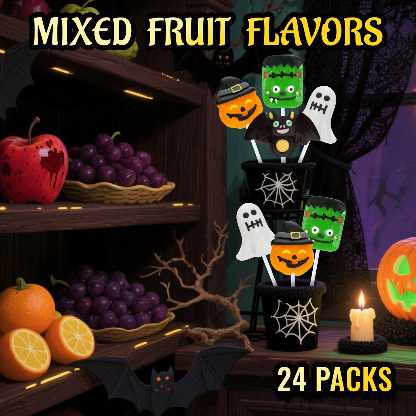 Auebriy Halloween Lollipops Suckers - 24 Pack Fruity Halloween Candy Individually Wrapped  Ghost  Bat  Pumpkin & Monster Lollipops  Spooky Candy for Trick or Treat  Party Favors & Goody Bag Fillers