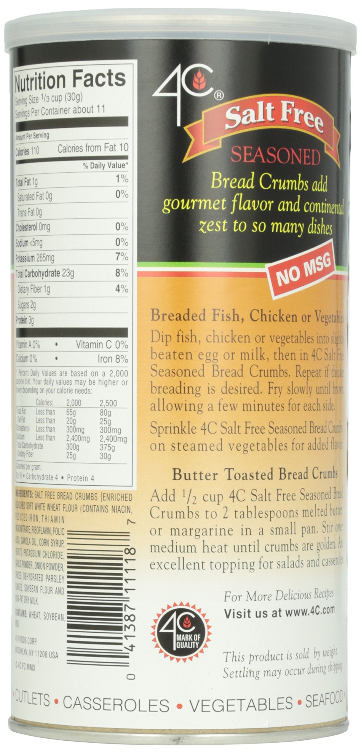 4C Premium Bread Crumbs Salt Free Bread Crumbs, Seasoned, Premium Regular & Gluten Free, Flavorful Crispy Crunchy, Value Pack (S