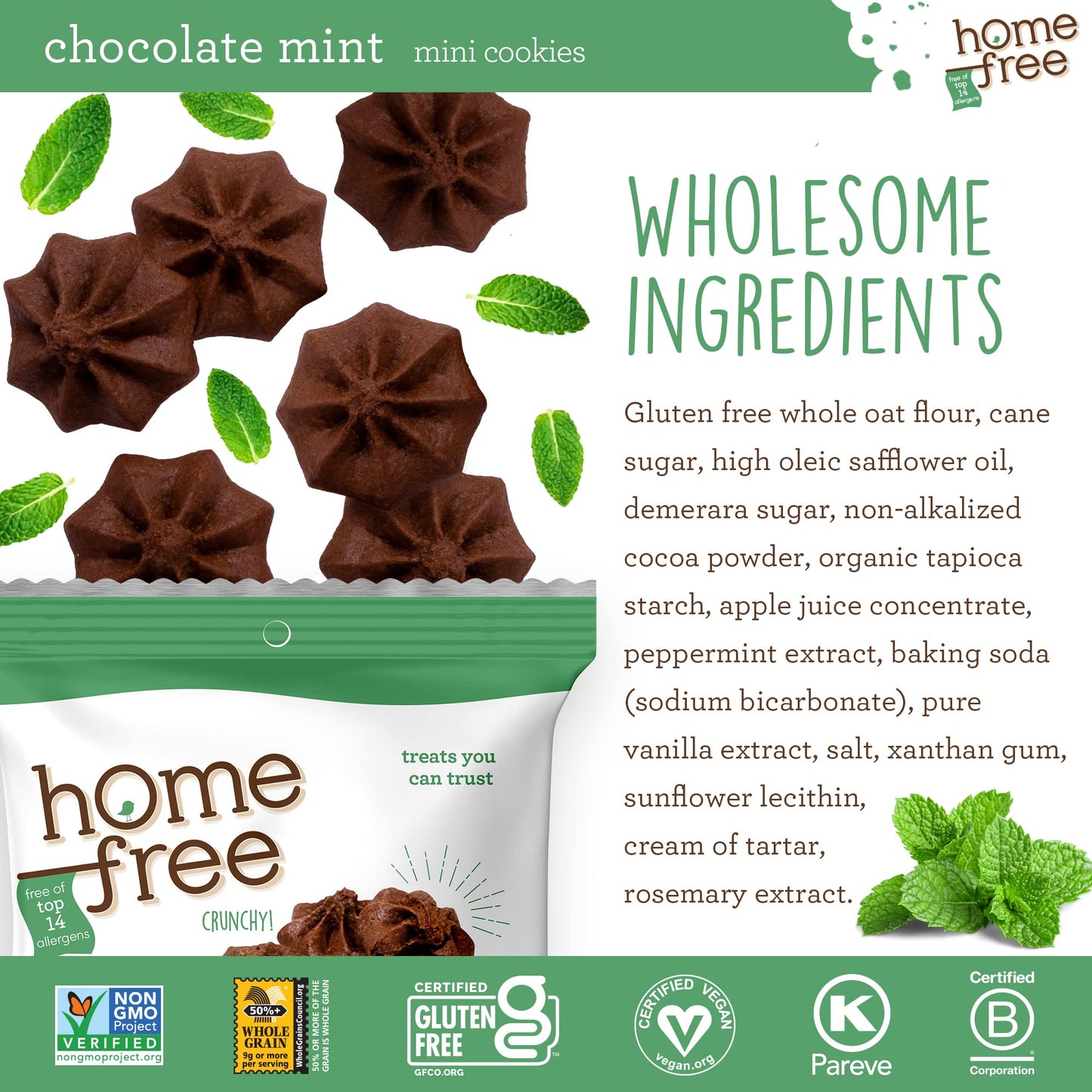 Homefree Treats You Can Trust Gluten Free Mini Cookies, Single Serve, Chocolate Mint, 0.95 Ounce (Pack Of 10)