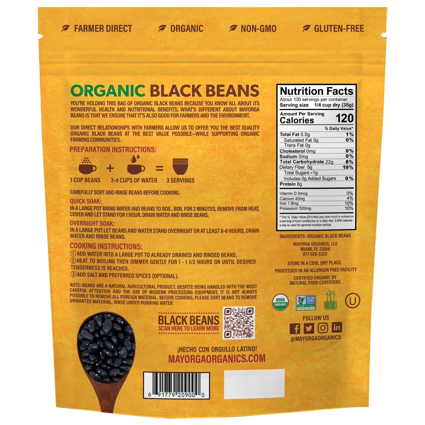 Organic Dry Black Beans By Mayorga, Usda Organic Certified, Gluten-Free, Non-Gmo Verified, Direct Trade, Kosher, Frijoles Negros