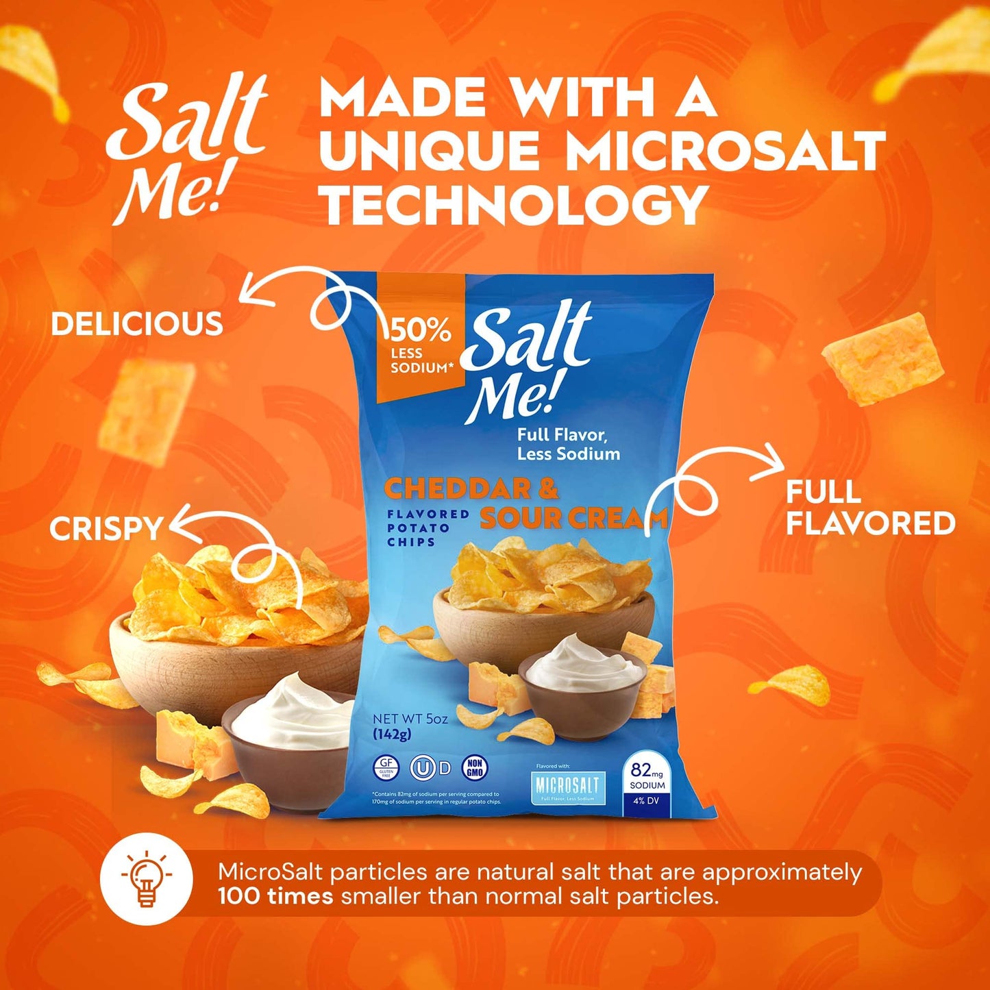 SaltMe! Cheddar & Sour Cream Potato Chips, 50% Low Salt, Kosher, Non-GMO, Better for You Chips, Flavorful, 5 Ounces, Pack of 6