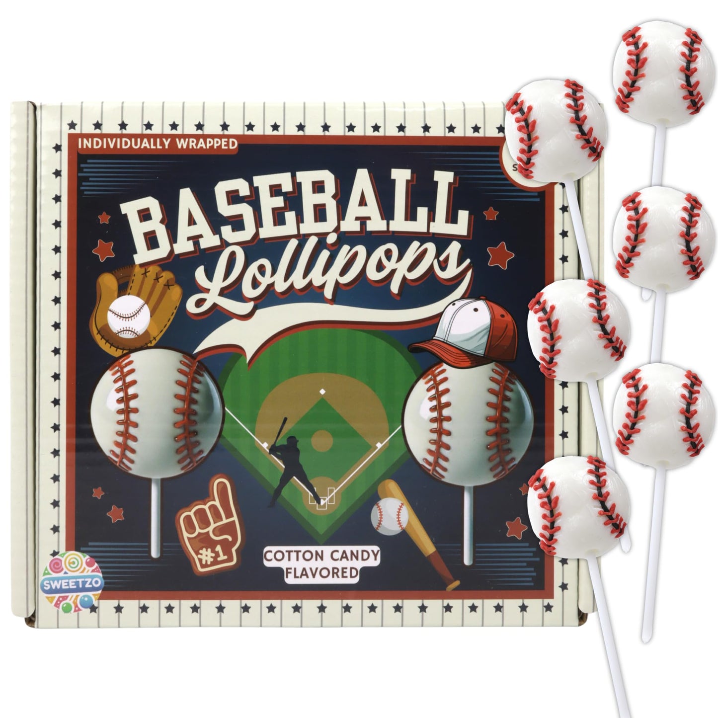Sweetzo Baseball Lollipops, Strawberry Flavor, Individually Wrapped, 24 Count Box, 10.16 Ounces