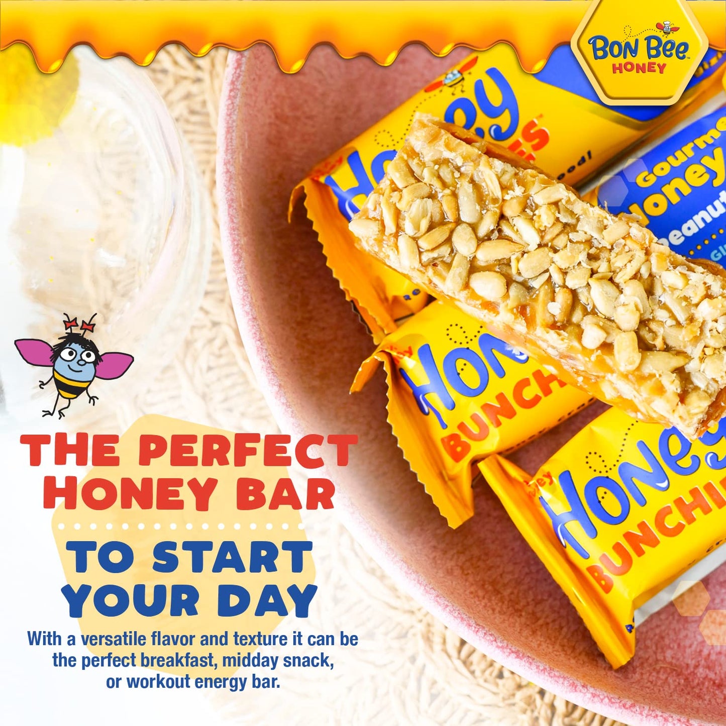 Bon Bee Honey Bunchies All Natural Honey Bar - Natural Breakfast & Nutrition Bars For Healthy Energy & Fuel - Variety Of Delicious Highlights & Perfectly Balanced, 24-1.4Oz Bars