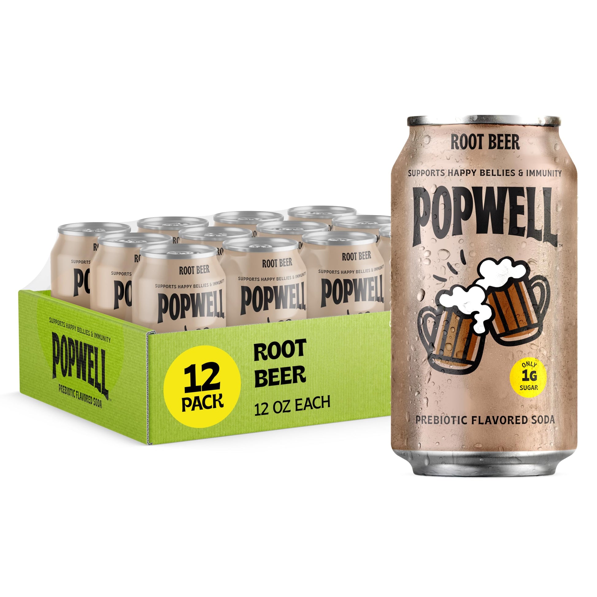 Popwell Root Malt Drink Playter-For-You Prebiotic Soda  With 6G Fiber  1G Sugar  Vitamins And Immunity Support  12 Fl Oz Cans (Pack Of 12)