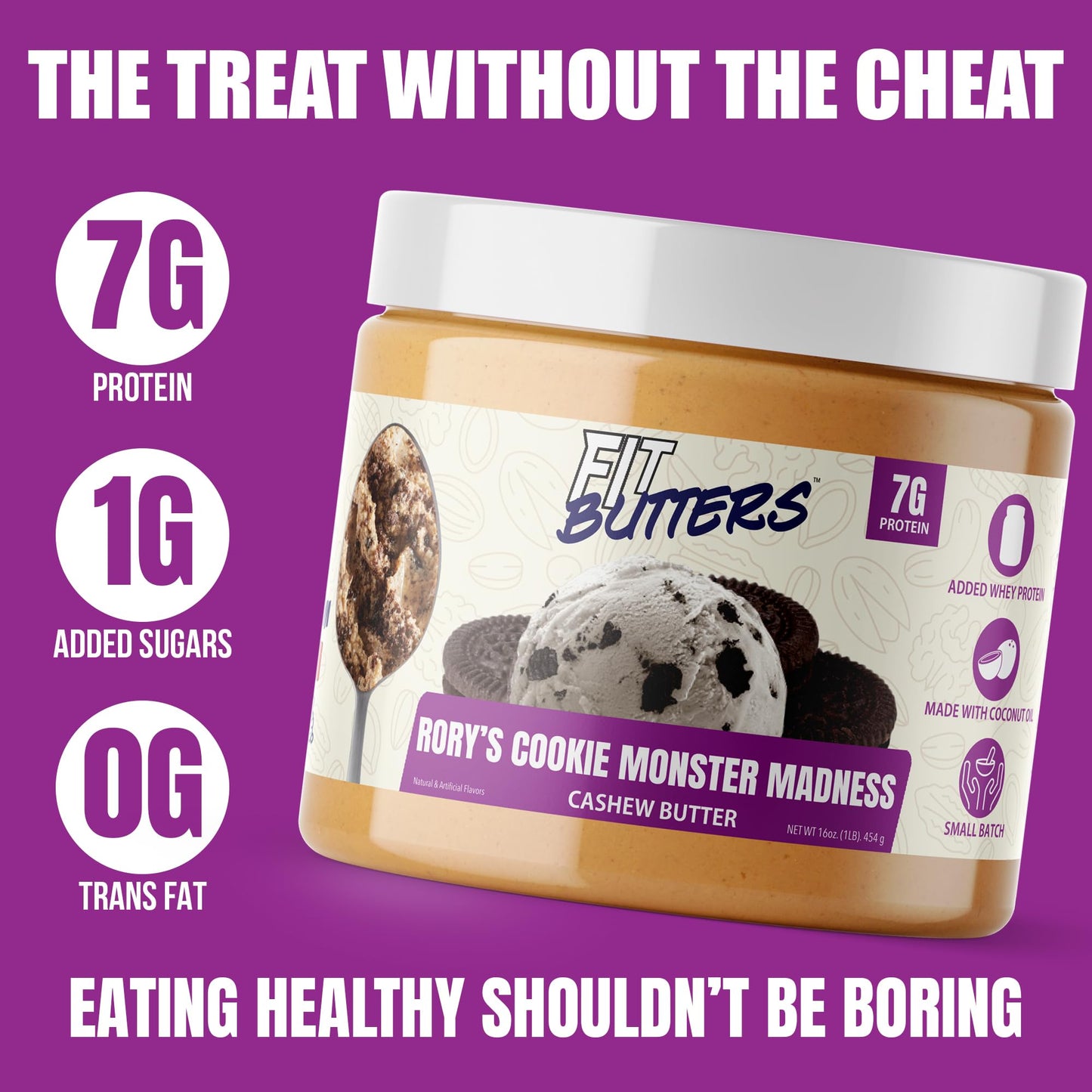 Fit Butters Rory'S Cookie Monster Madness (Cookies & Cream Cashew Butter) Spread, Added Protein And Coconut Oil, Low Carb, Low S