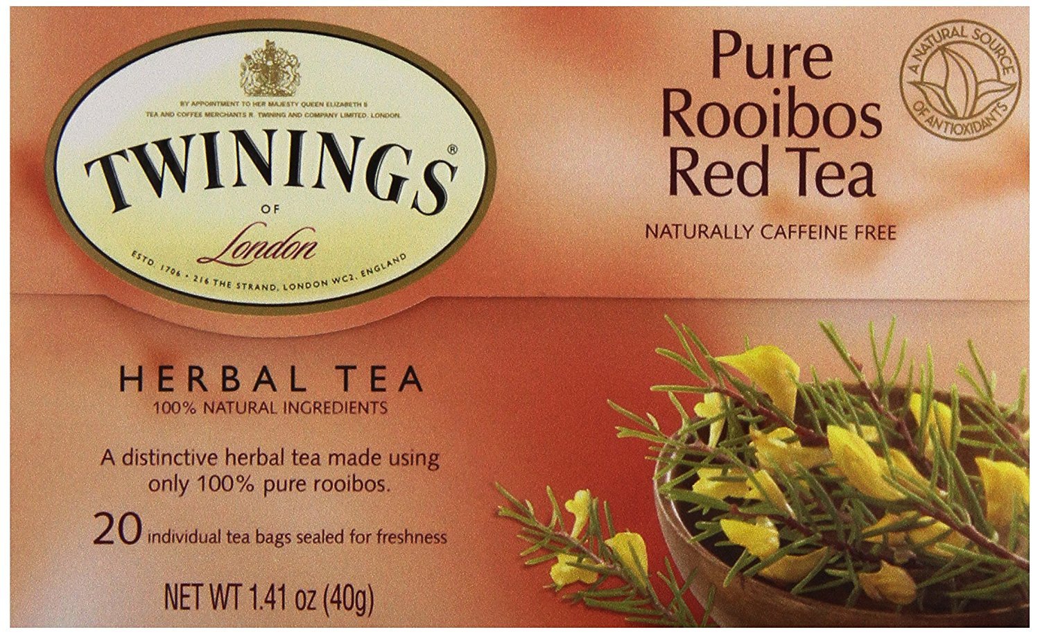Twinings Rooibos Red Herbal Tea, Naturally Caffeine-Free, 20 Count, Individually Wrapped Bags, Sweet Aroma