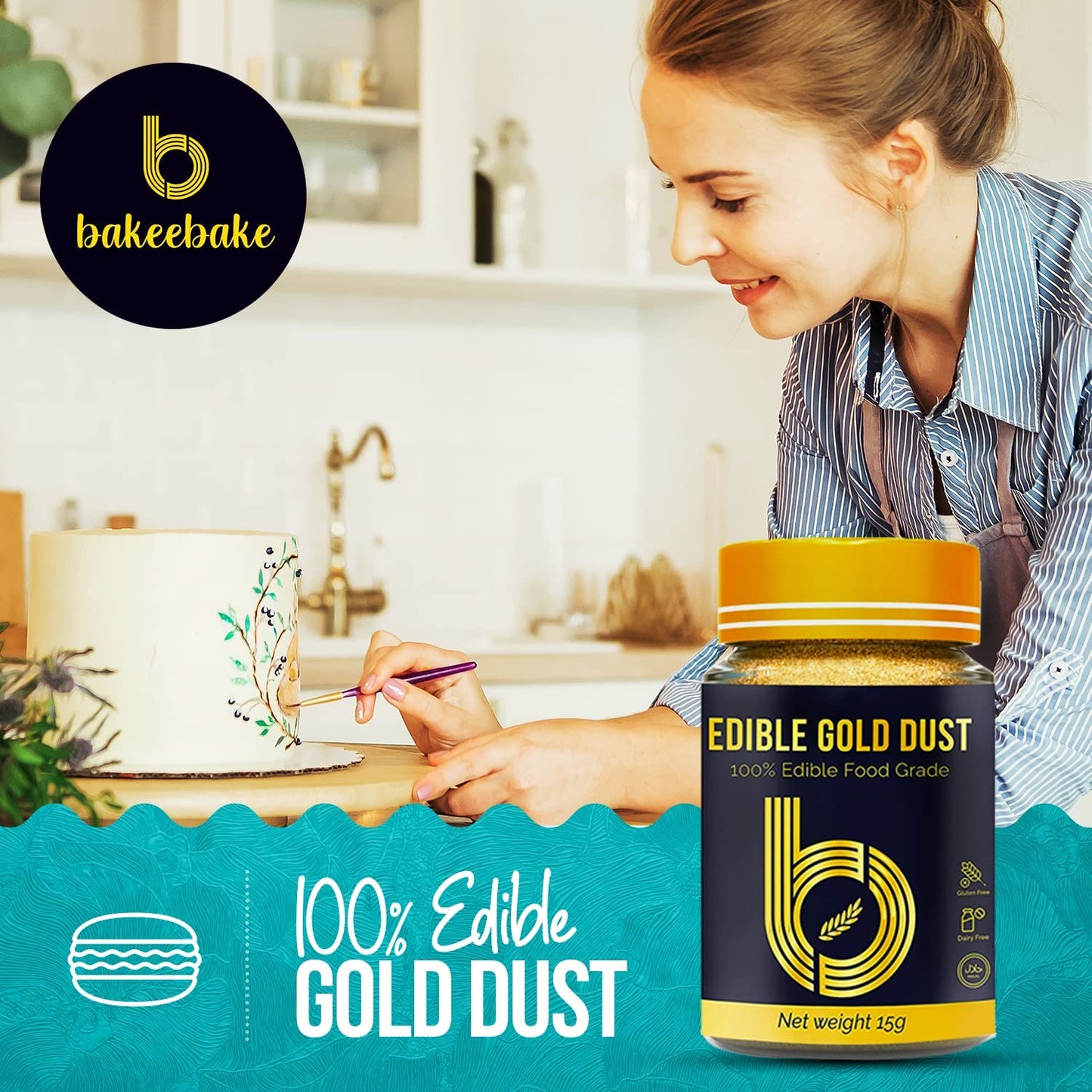 Bakeebake Gold Luster Dust Edible 15G - Edible Glitter For Drinks & Desserts - Gluten Free Edible Gold Dust For Cake Decorating – Tasteless Vegan Drink Glitter For Cocktails And Parties (Gold)